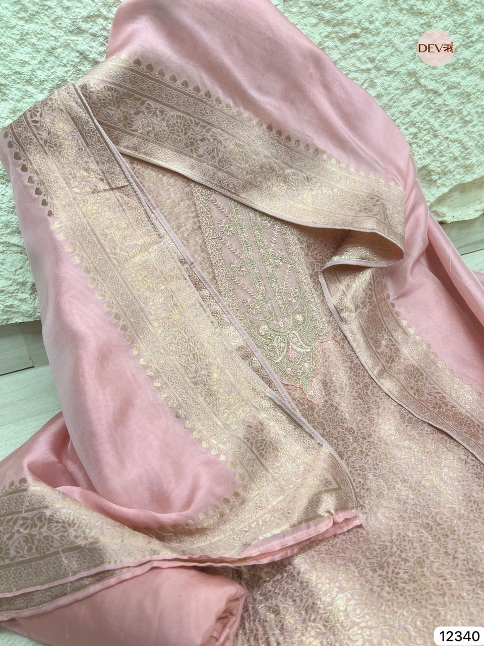 Soft Blush Pink Pure Banarasi Silk Embroidered Unstitched 3-Piece Suit (Devri – D.No 12340)