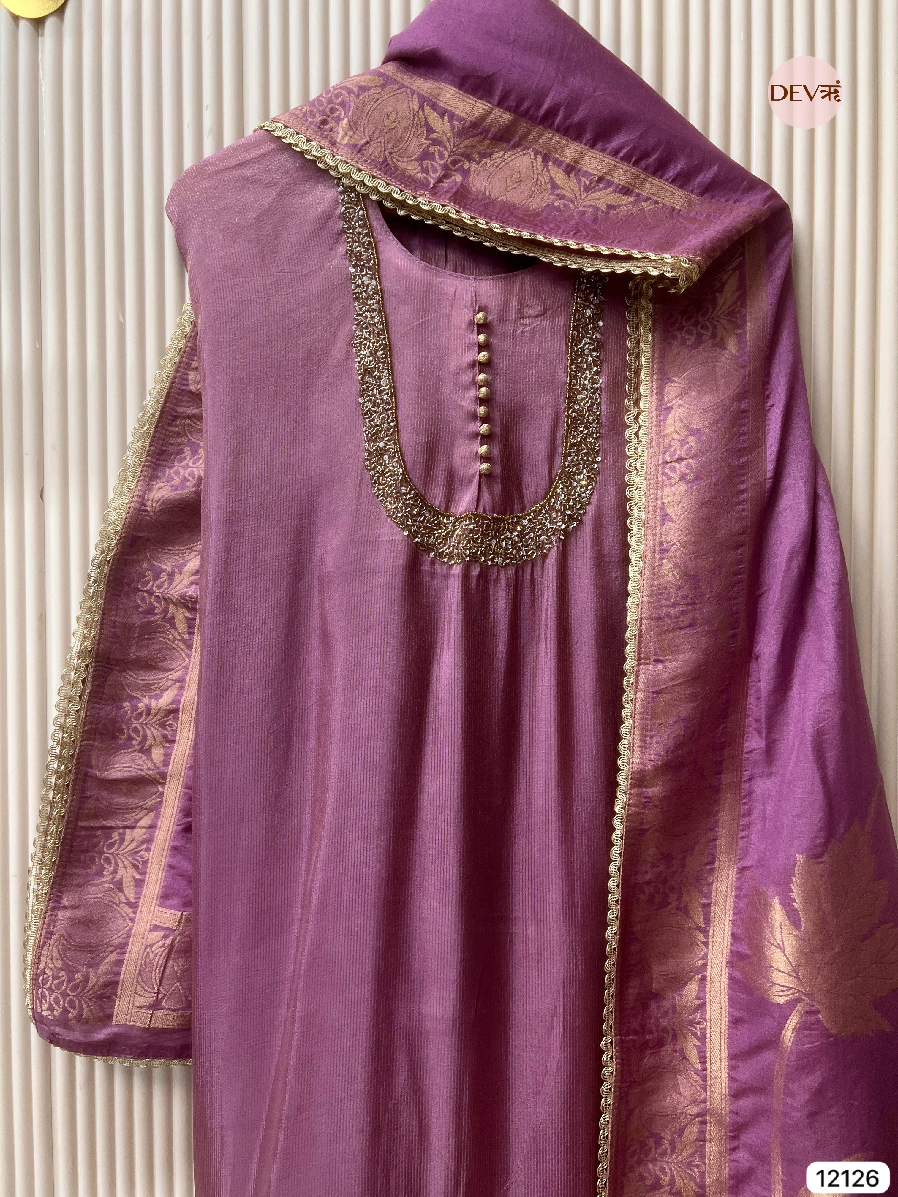 Purple Shimmer Silk Unstitched Hand Embroidered -Set Of 3 - {12126}