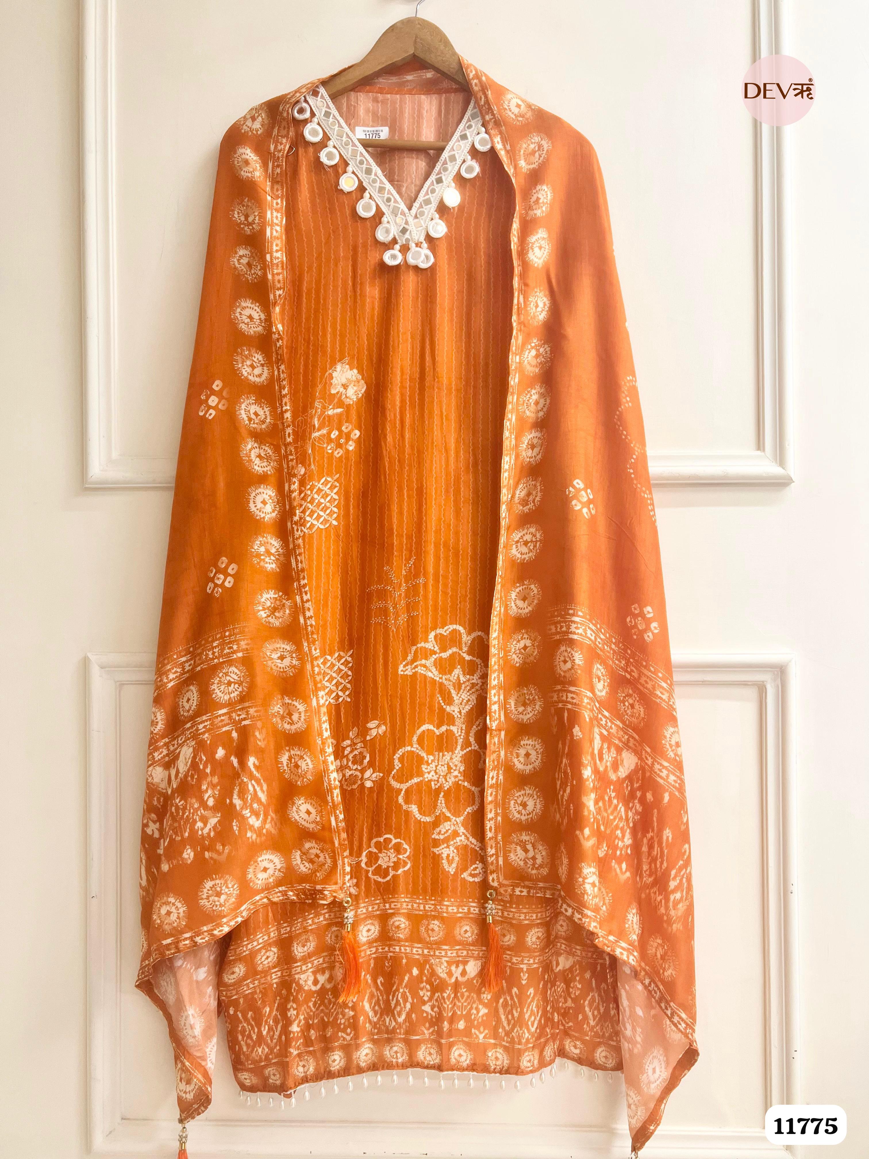Orange Russian Silk Unstitched Printed Hand Embroidered -Set Of 3 {11775}