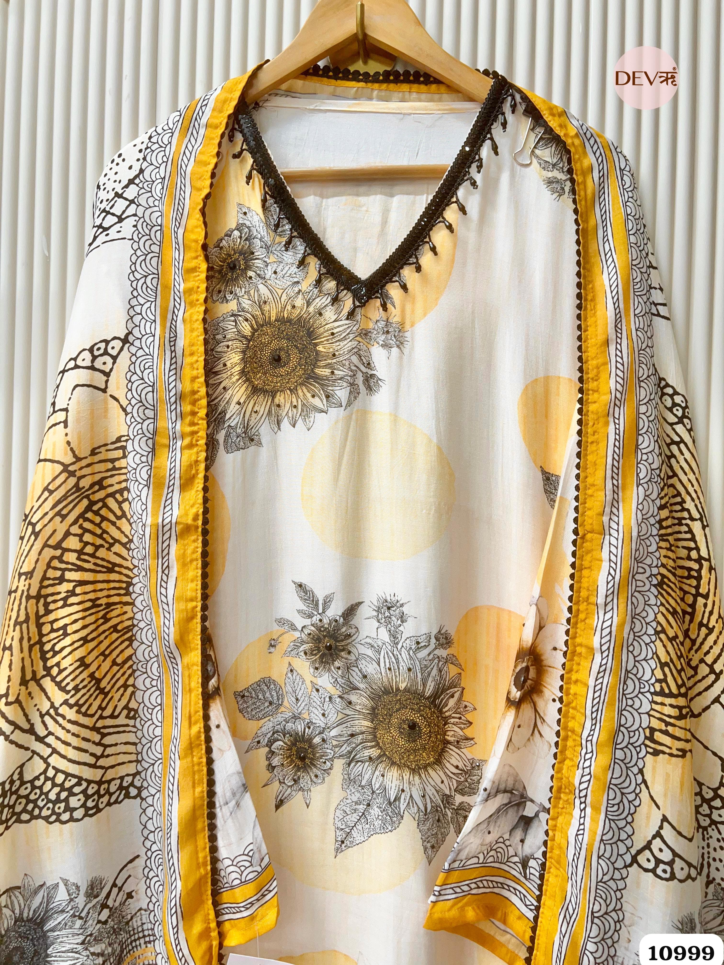 Yellow Muslin Semi Stitched Printed Hand Embroidered -Set Of 3 {10999}