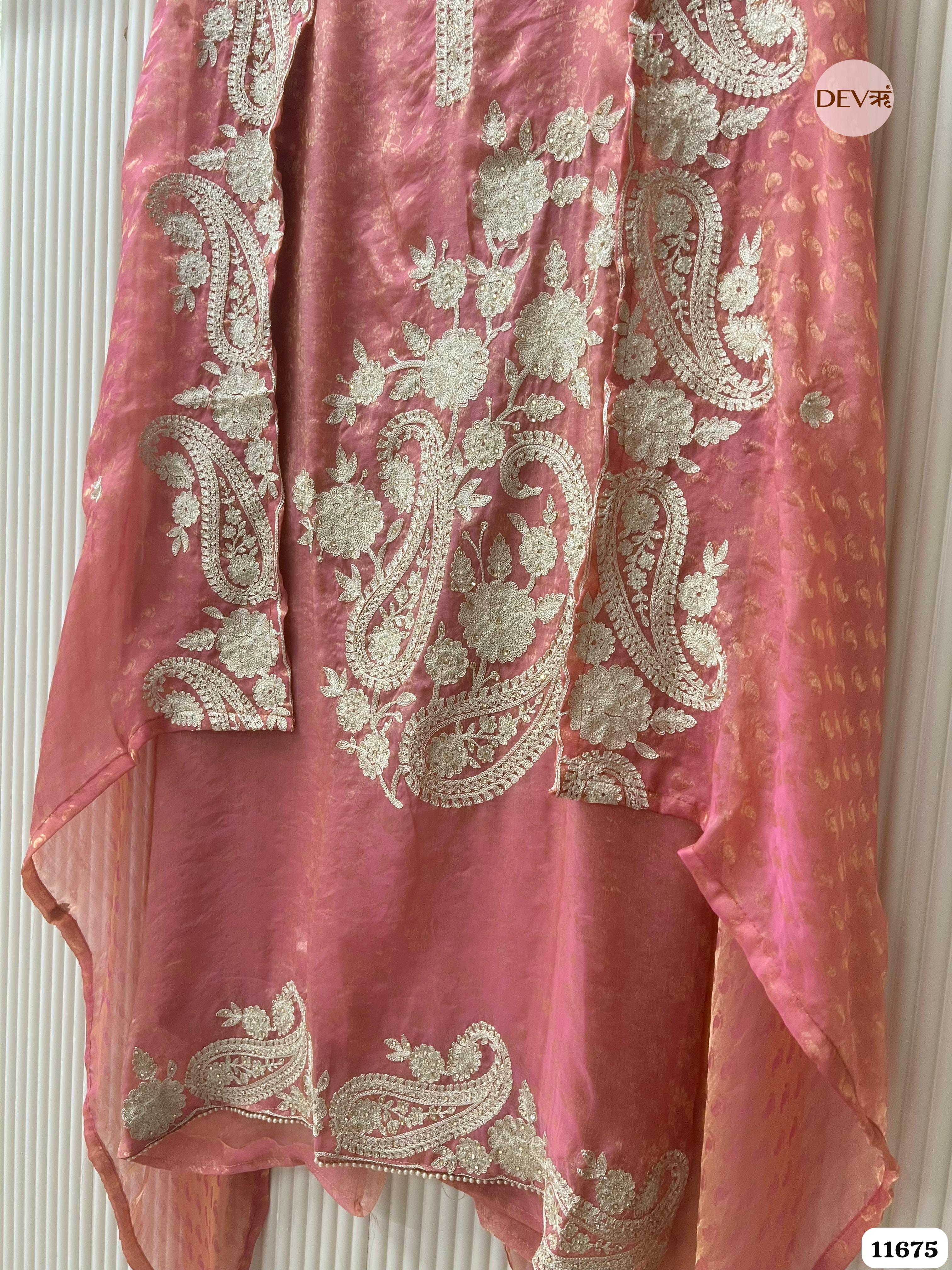Pink Tissue silk unstitched embroidered -Set Of 3