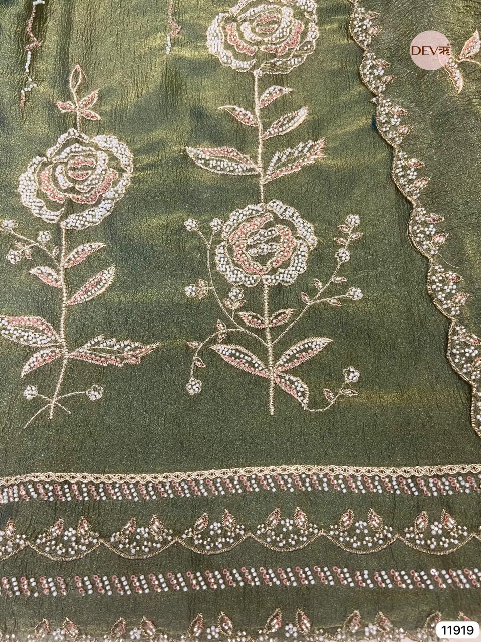 Green Pure Tissue Crush Unstitched Hand Embroidered -Set Of 3 - {11919}