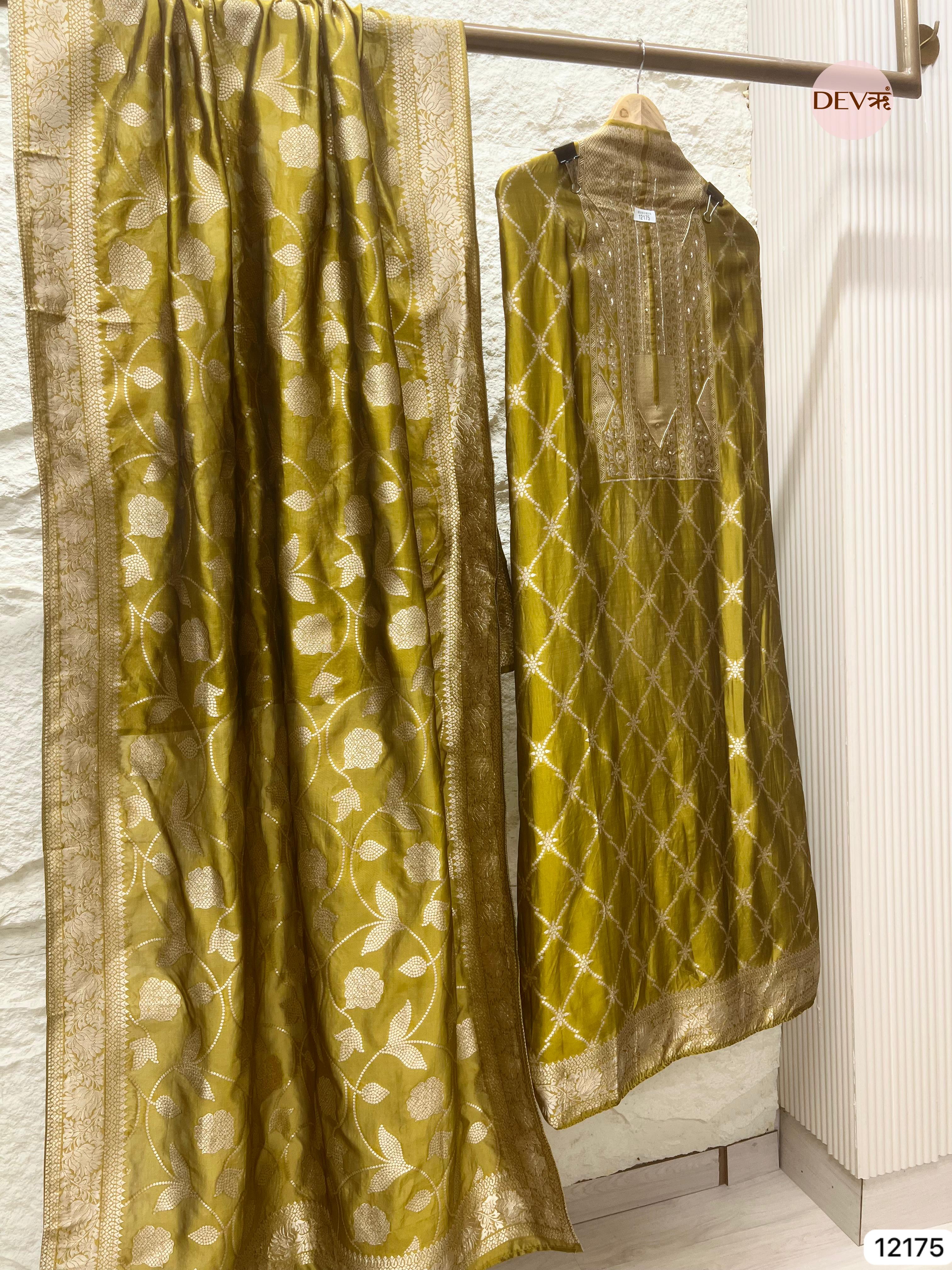 Yellow Pure Banarasi Silk Unstitched Hand Embroidered-Set of 3 - {12175}