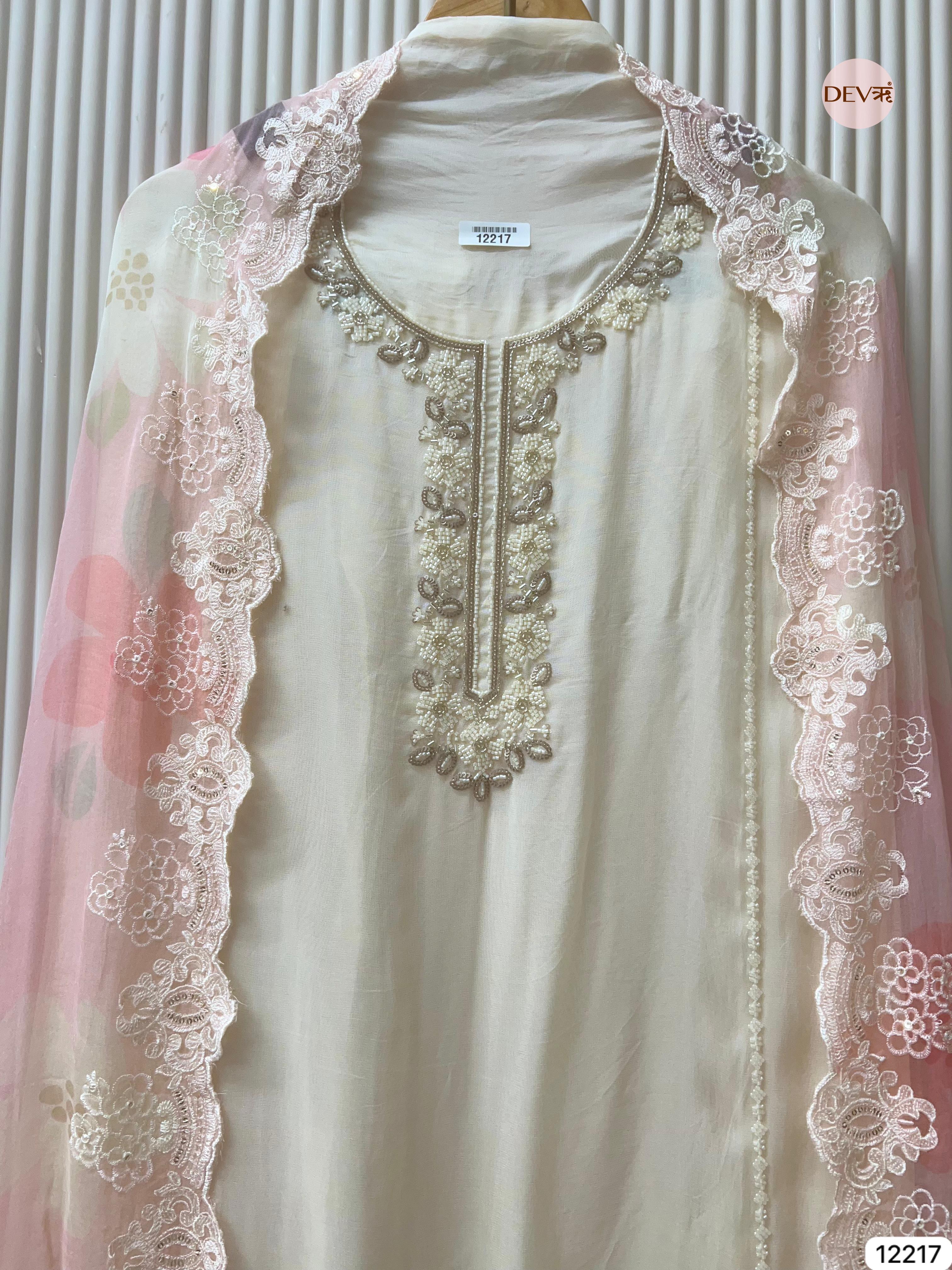 Ivory Pure Organza Embroidered Unstitched 3-Piece Suit (Devri – D.No 12217)