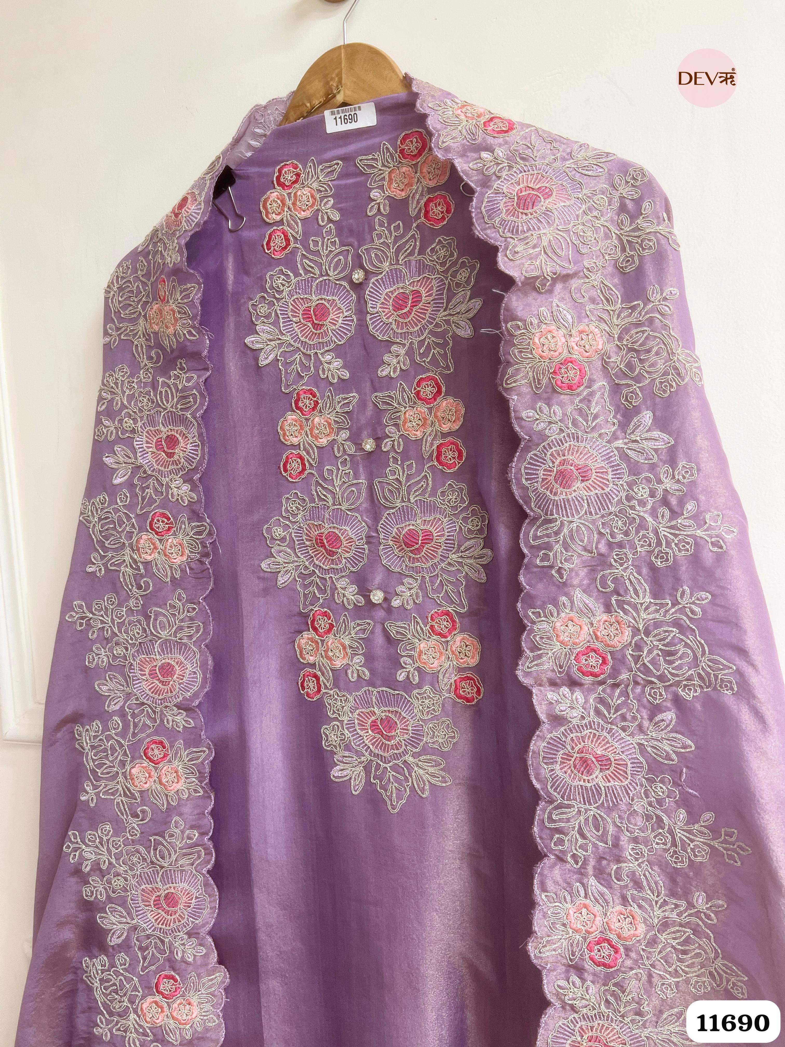 Purple Tissue Silk Unstitched Embroidered -Set Of 3 {11690}