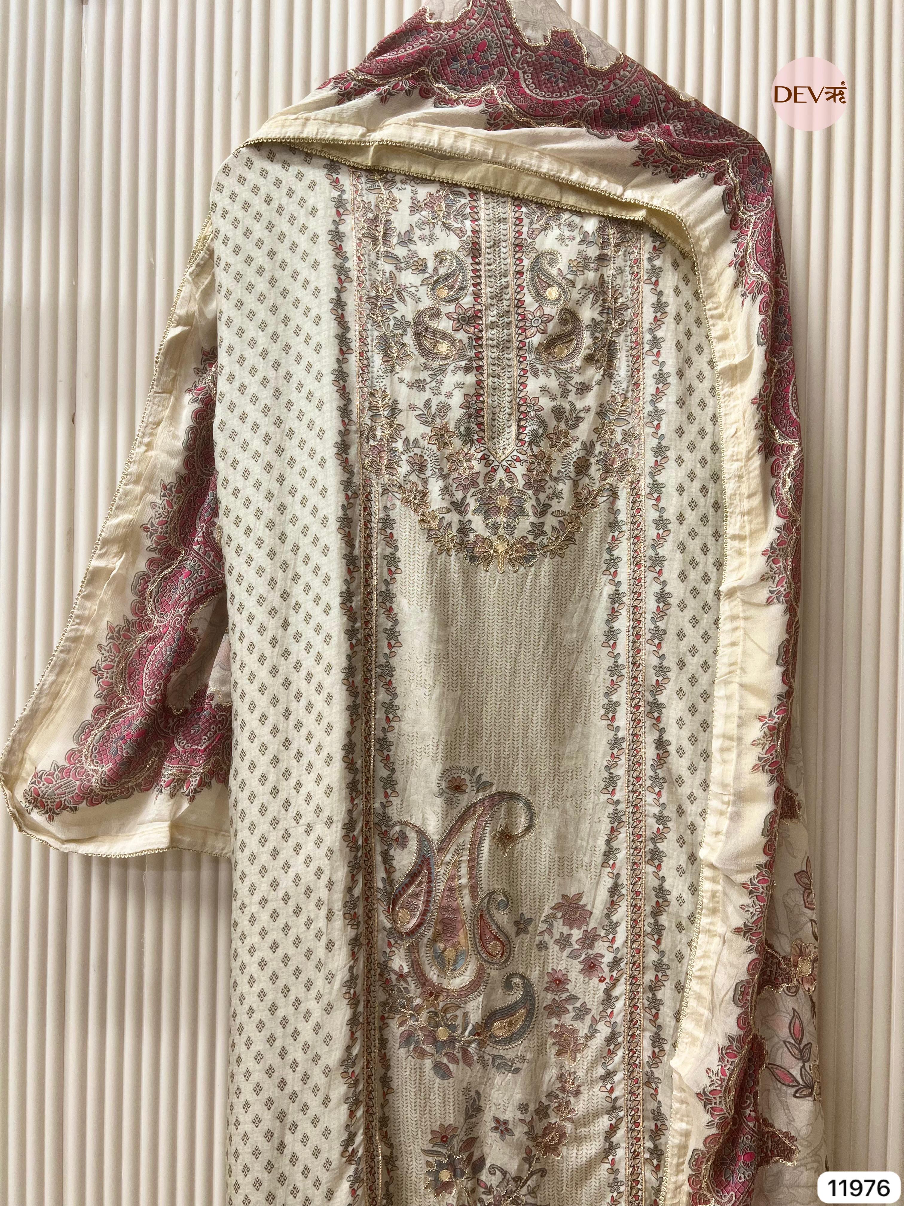 {11976} Beige Pure Muslin Unstitched Printed -Set Of 3