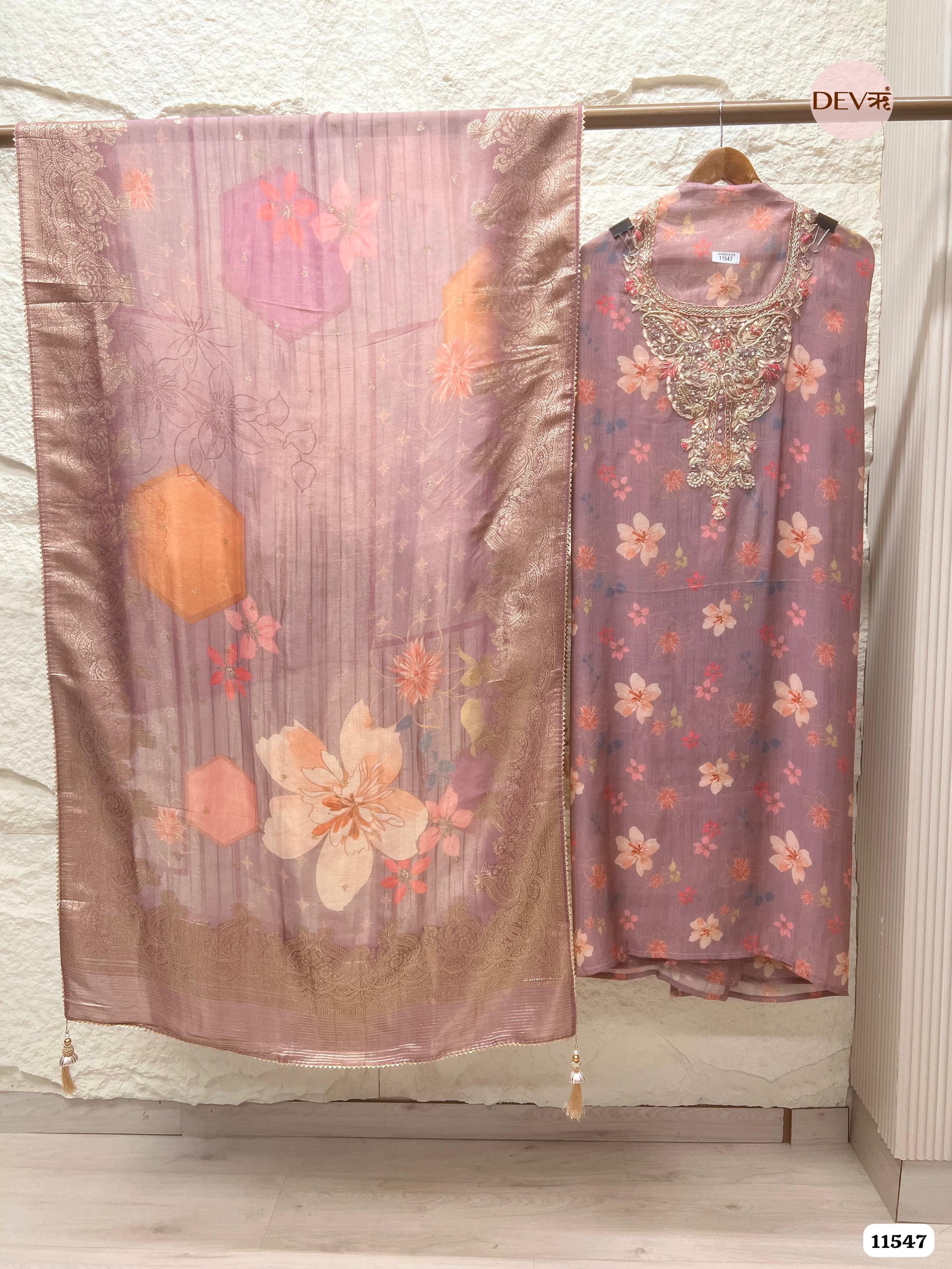 Purple Pure Tissue Silk Printed Unstitched Hand Embroidered -Set Of 3 {11547}