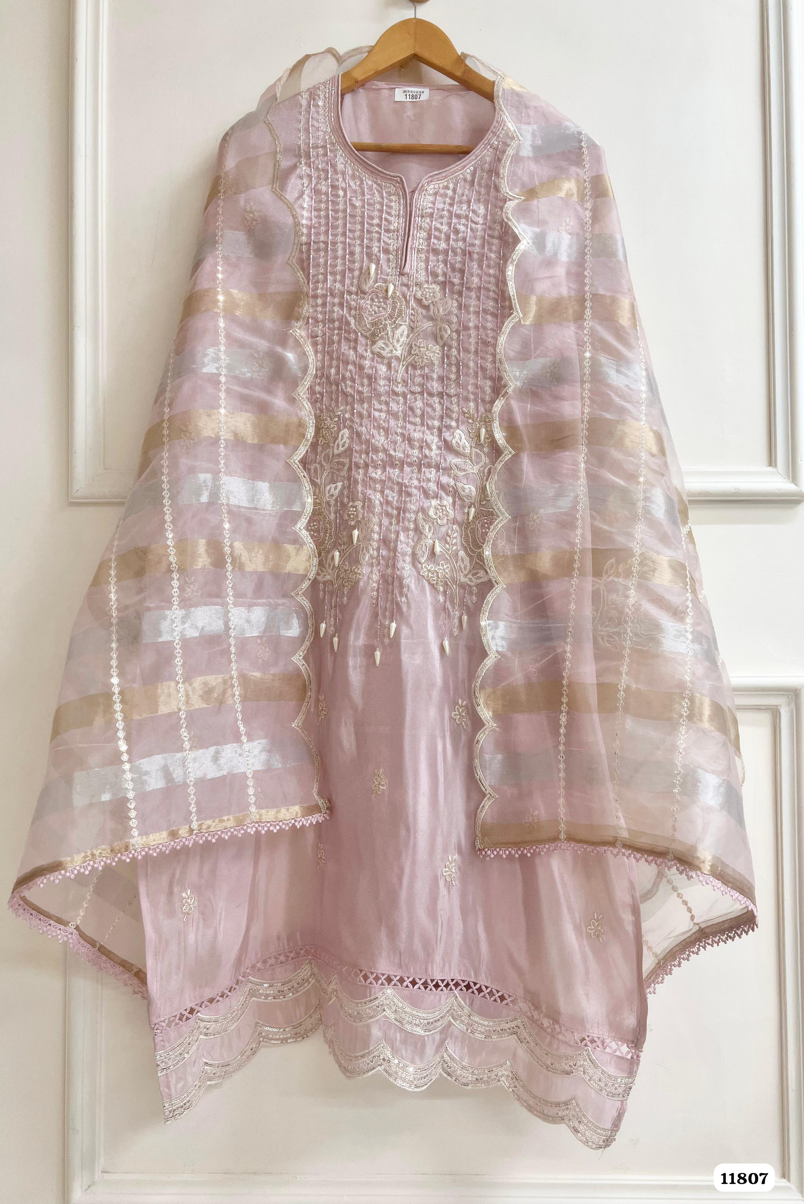 Pink Tissue silk unstitched Hand Embroidered -Set Of 3 {11807}