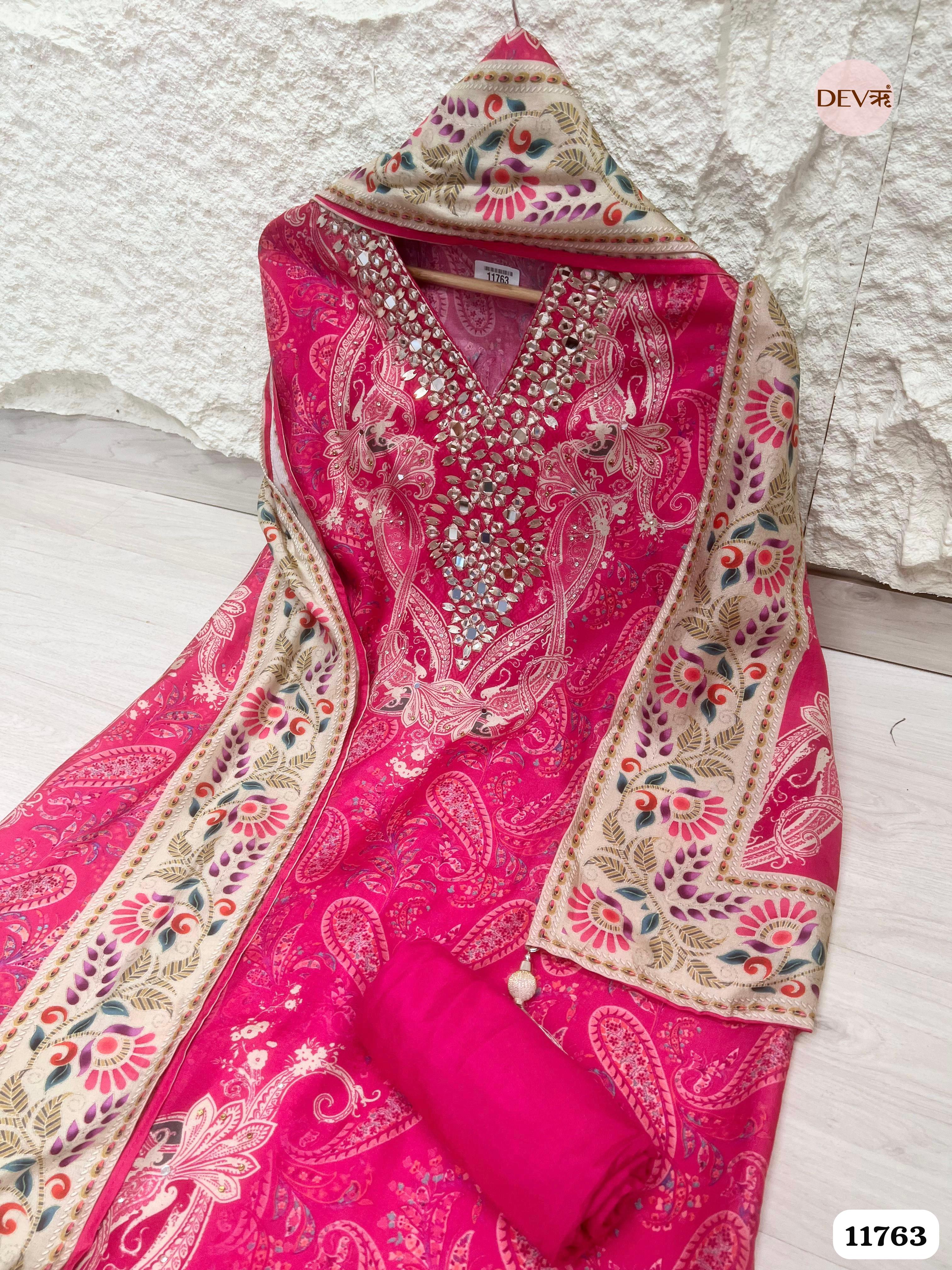 Pink Russian Silk Unstitched Hand Embroidered -Set Of 3 {11763}