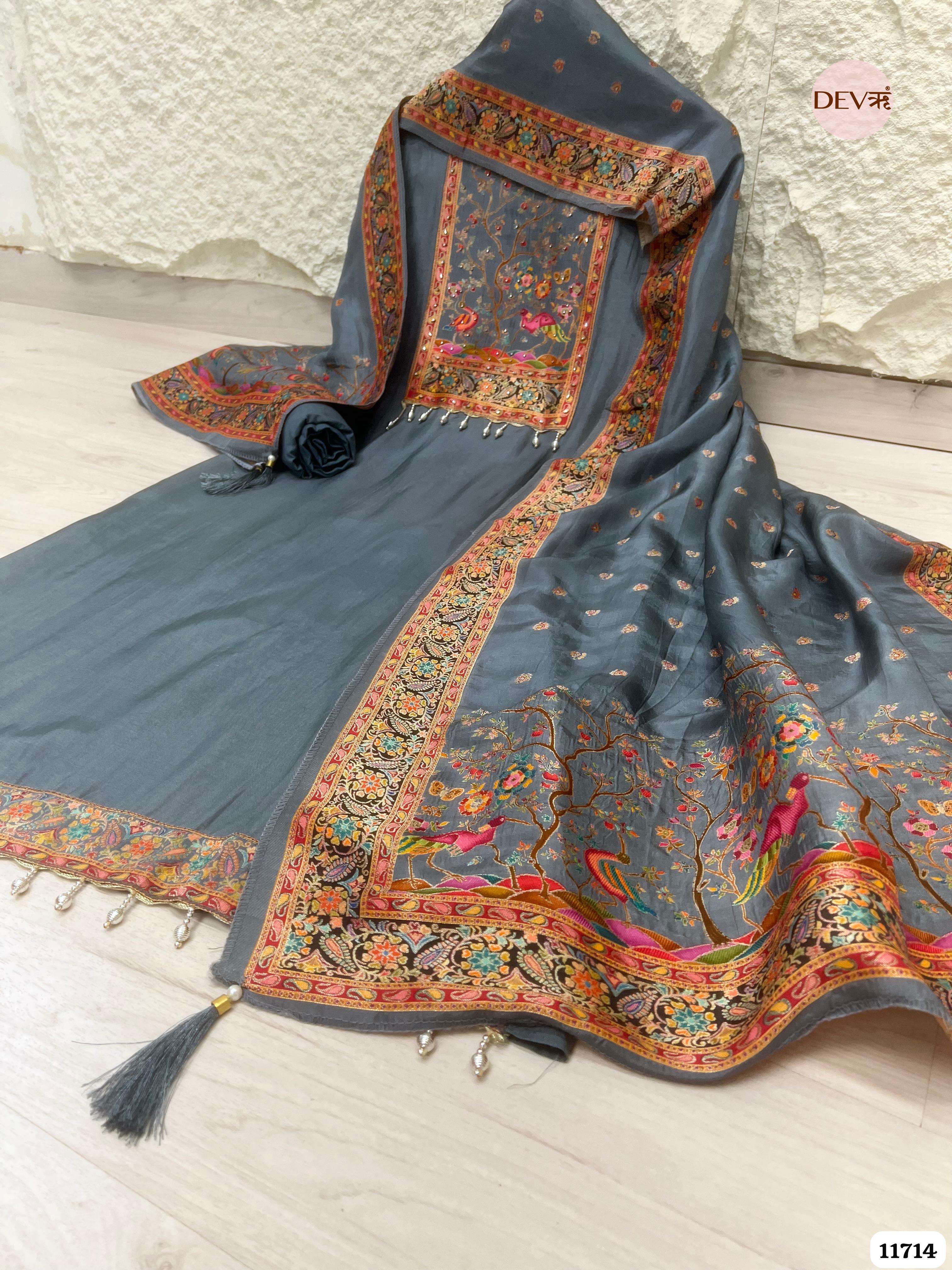 Grey Dola Silk Unstitched Banarasi Woven Hand Embroidered -Set Of 3- {11714}