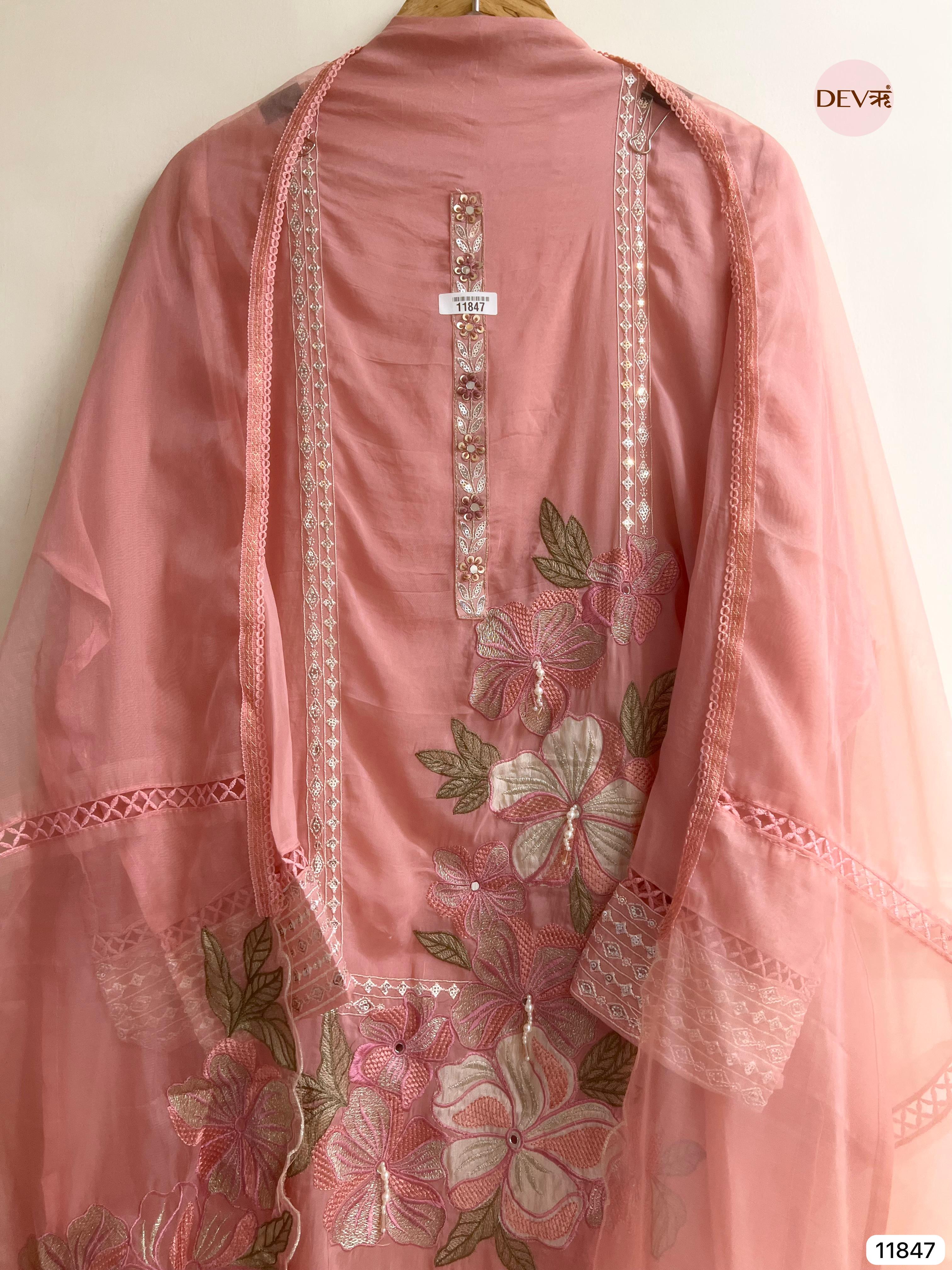 Light Pink Organza Semi Stitched Embroidered -Set Of 3- {11847}