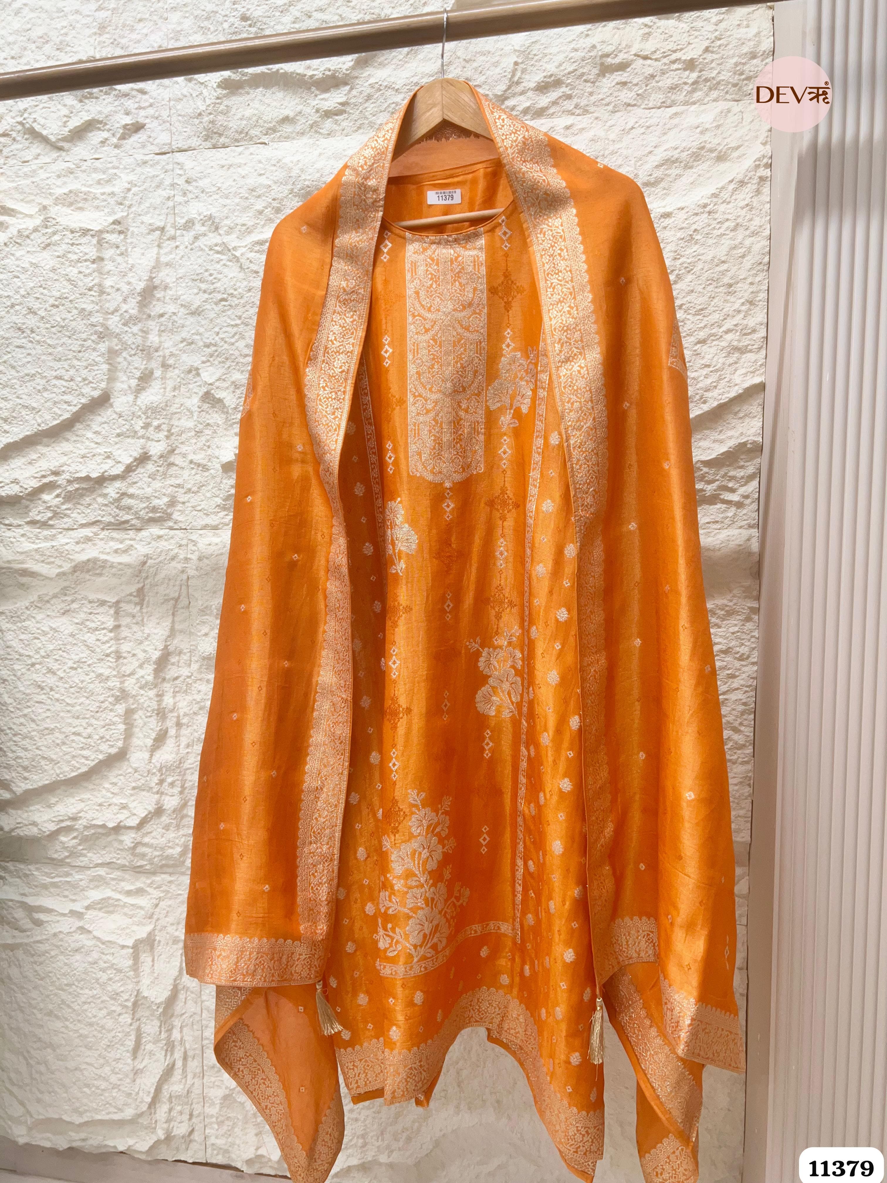 Orange Tissue Silk Unstitched Woven - Set of 3 {11379}