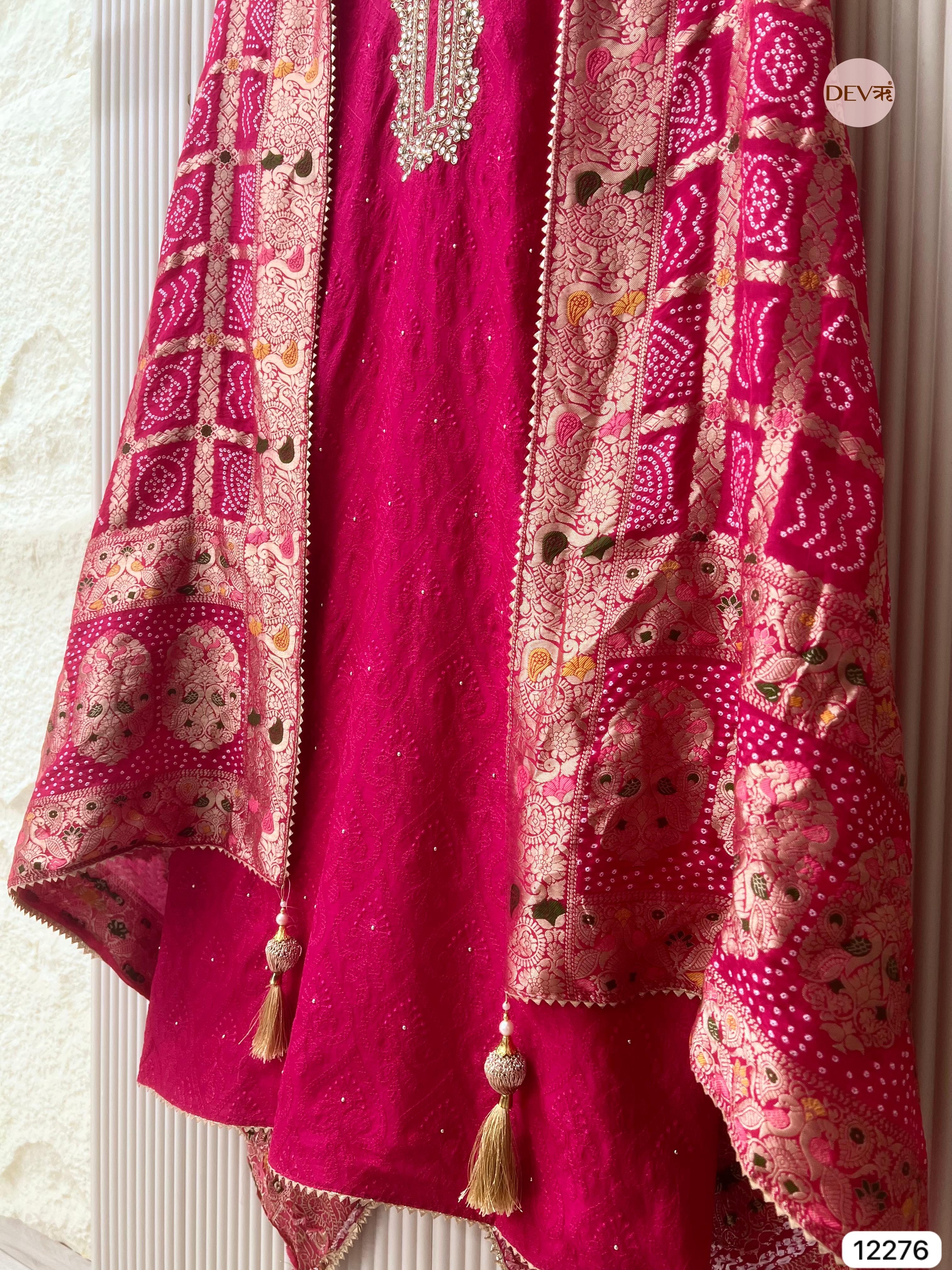 Rani Pink Pure Russian Silk Embroidered Unstitched 3-Piece Suit (Devri – D.No 12276)