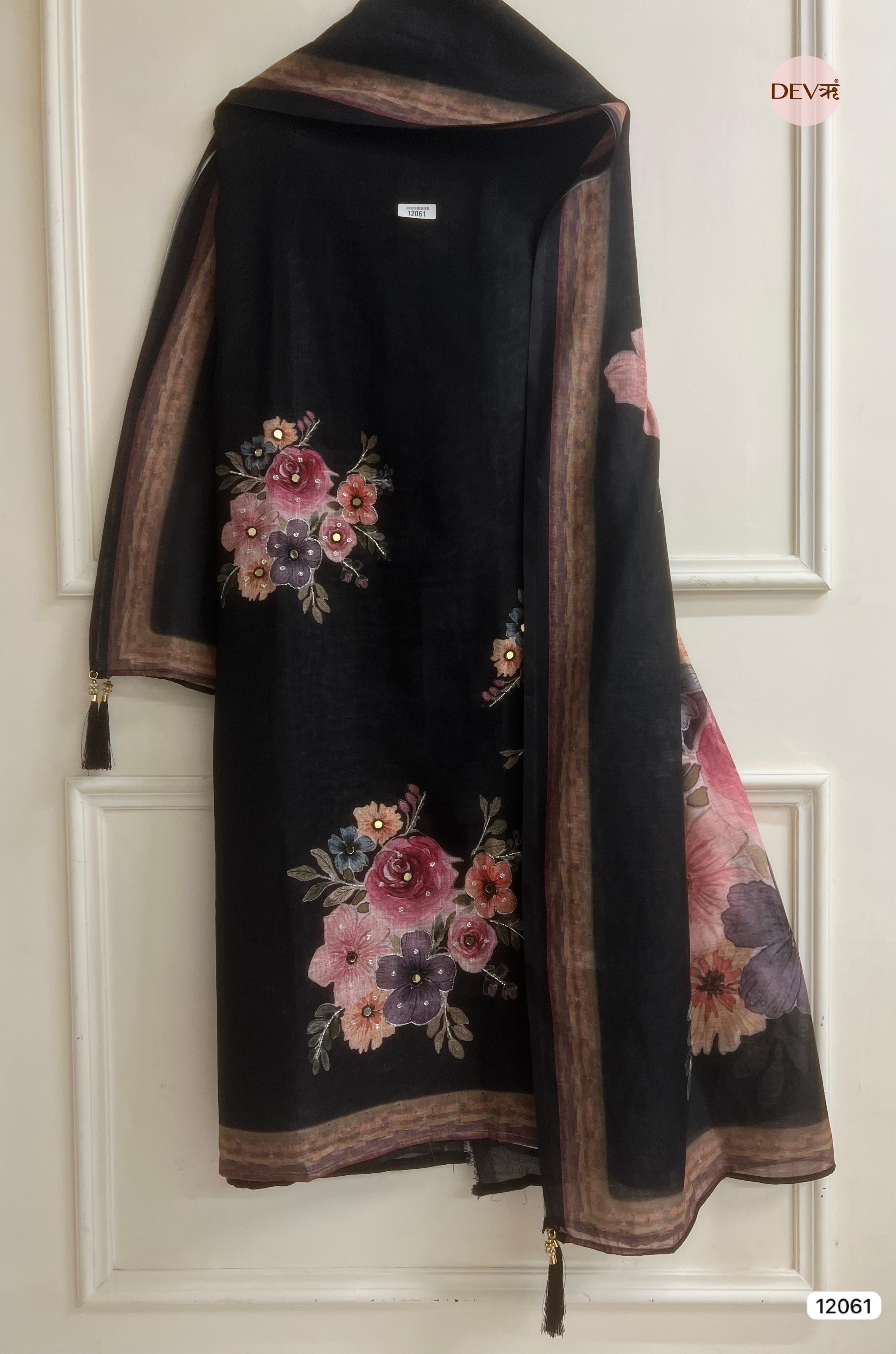 Black Linen Printed Unstitched Hand Embroidered -Set Of 3 - {12061}