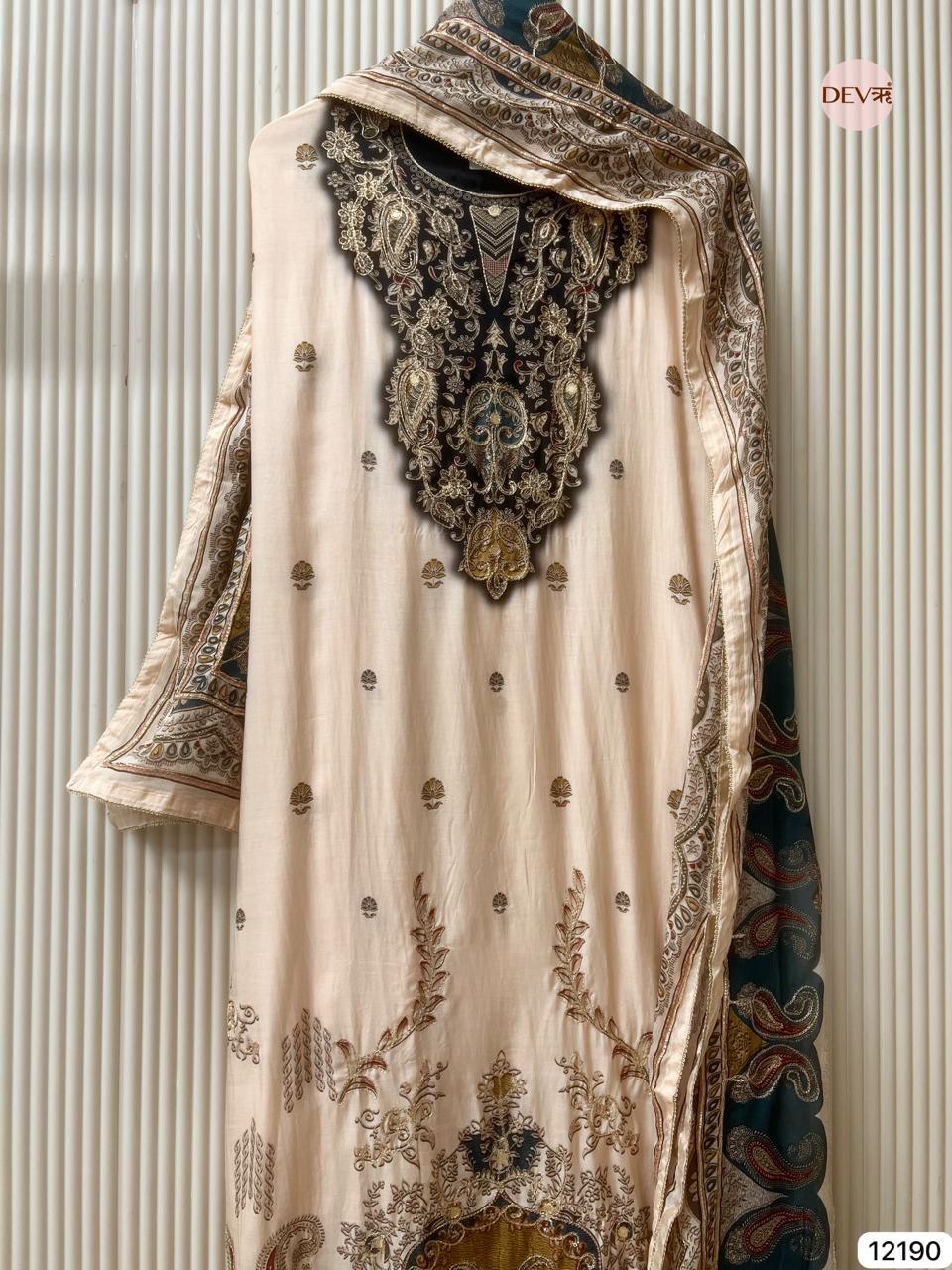 Soft Cream Muslin Printed Unstitched 3-Piece Suit (Devri – D.No 12190)