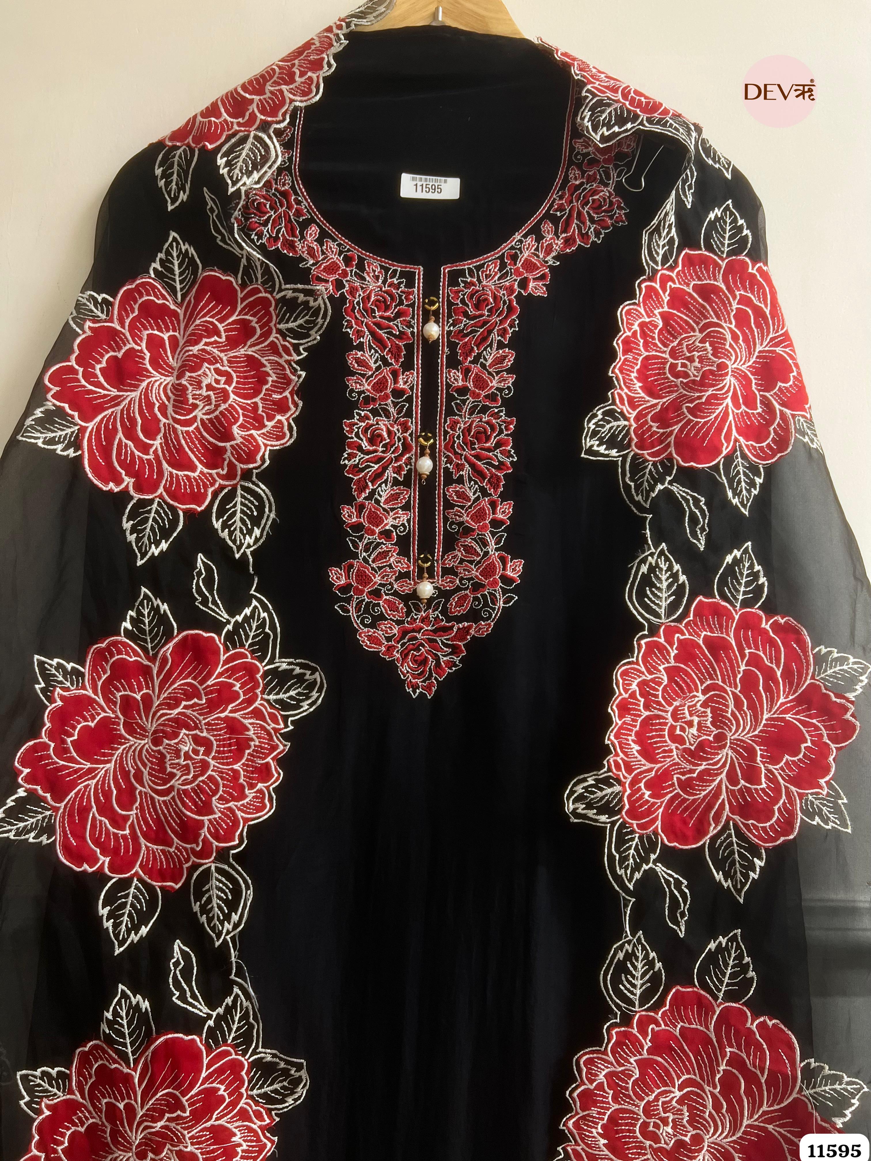 Black Organza Unstitched Embroidered -Set Of 3 {11595}