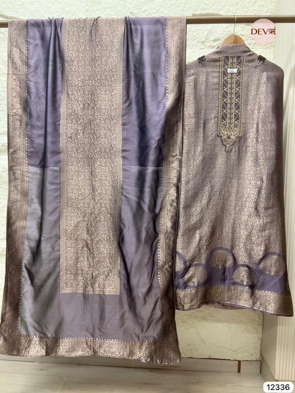Soft Mauve Pure Banarasi Silk Embroidered Unstitched 3-Piece Suit (Devri – D.No 12336)