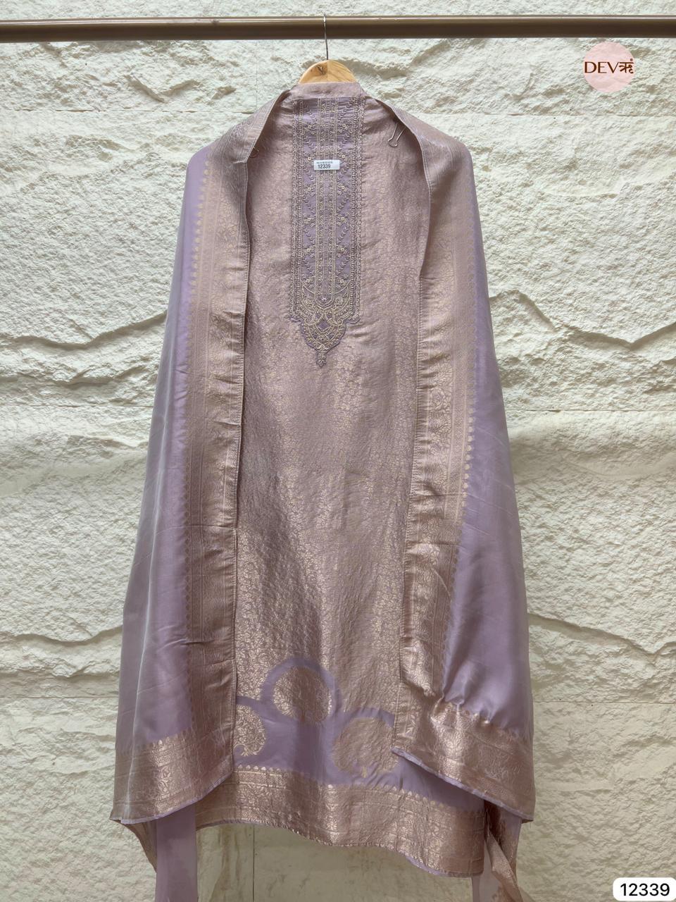 Lavender Mauve Pure Banarasi Silk Embroidered Unstitched 3-Piece Suit (Devri – D.No 12339)