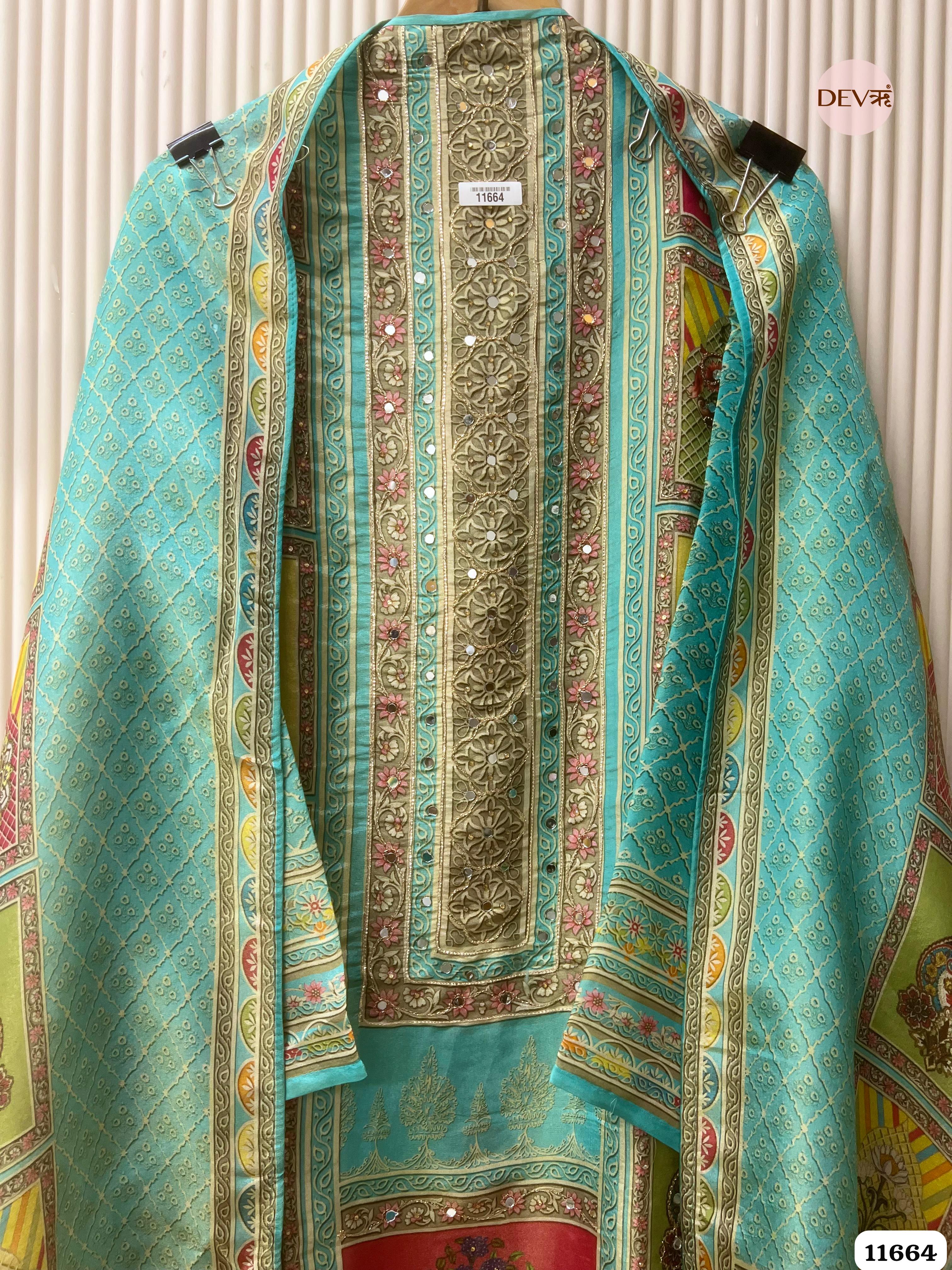 Green Tissue Silk Unstitched Printed Hand Embroidered -Set Of 3 {11664}