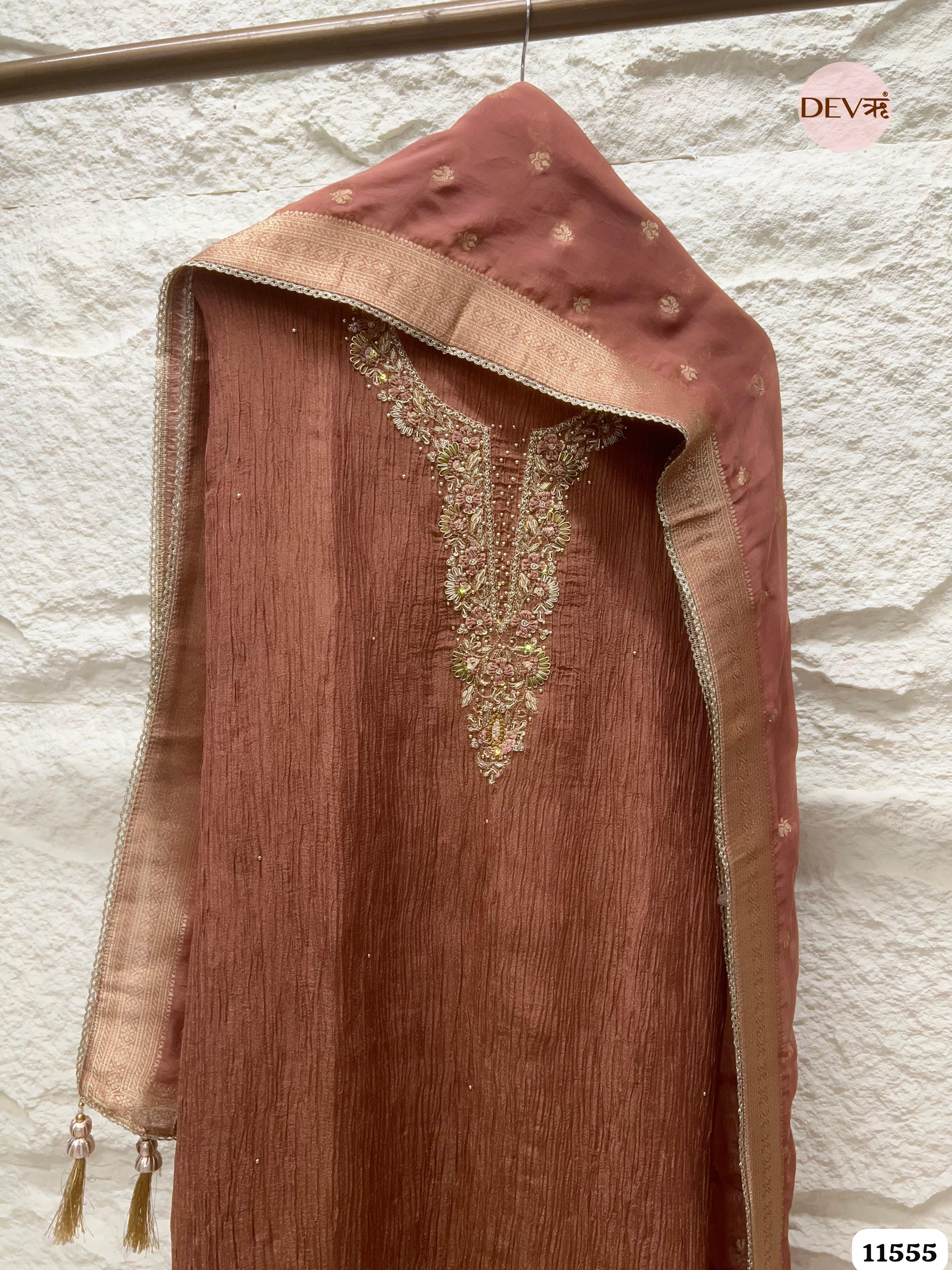 Reddish-Brown Pure Tissue Crush Silk Unstitched Hand Embroidered -Set Of 3 {11555}