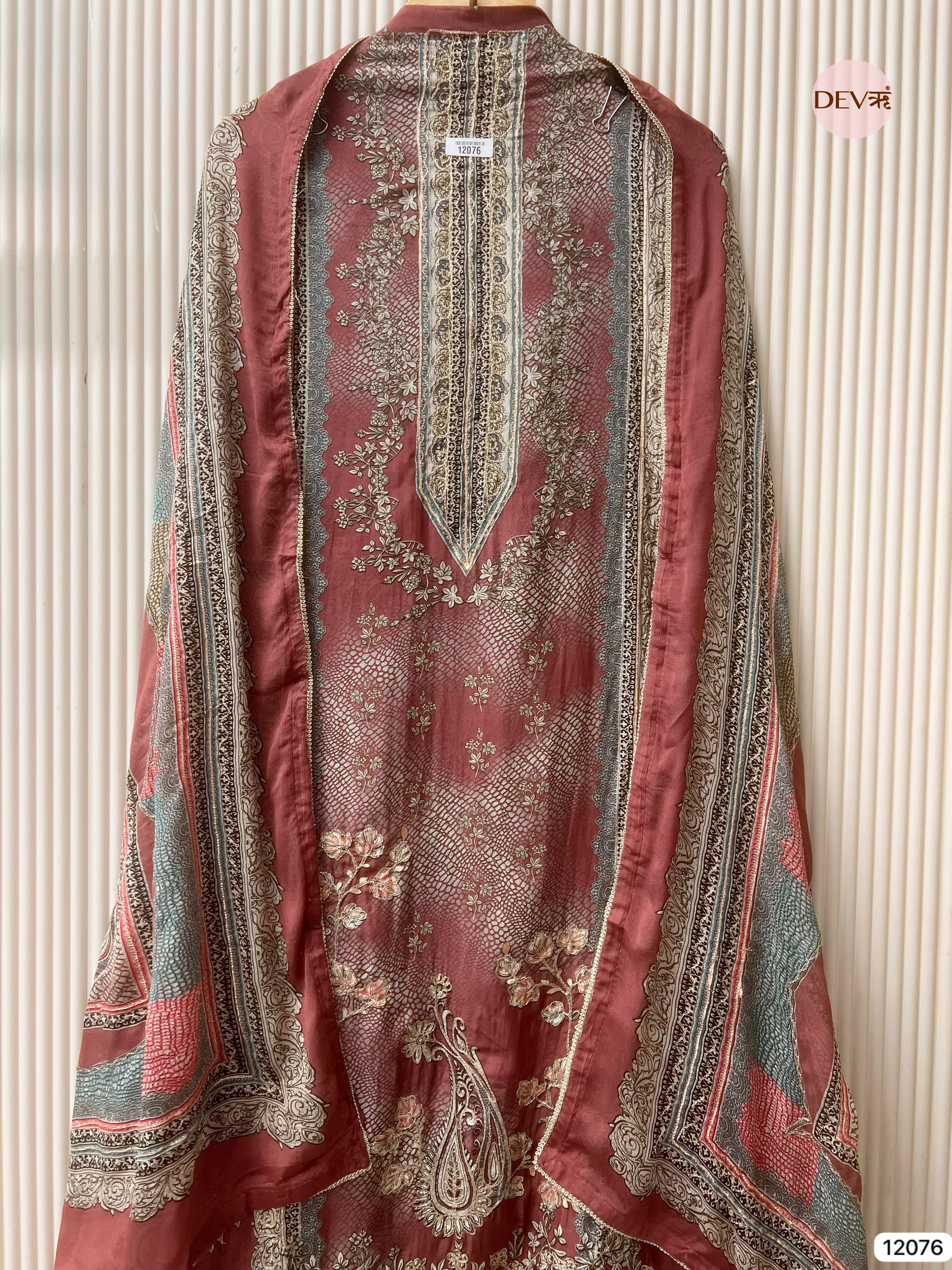 Maroon Pure Muslin Unstitched Printed With Hand Zardosi Embroidery -Set Of 3- {12076}