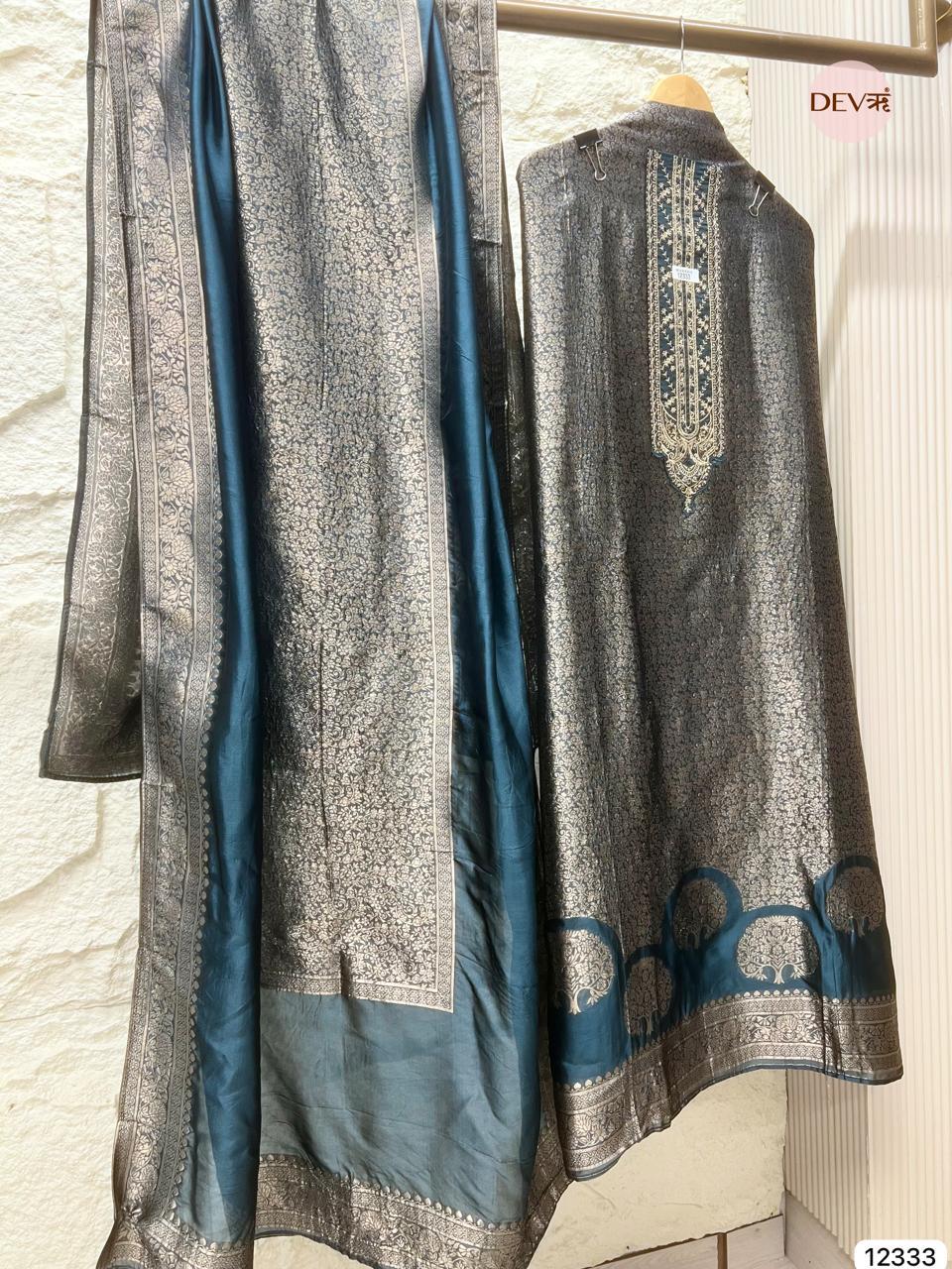 Deep Teal Blue Pure Banarasi Silk Woven Unstitched 3-Piece Suit (Devri – D.No 12333)