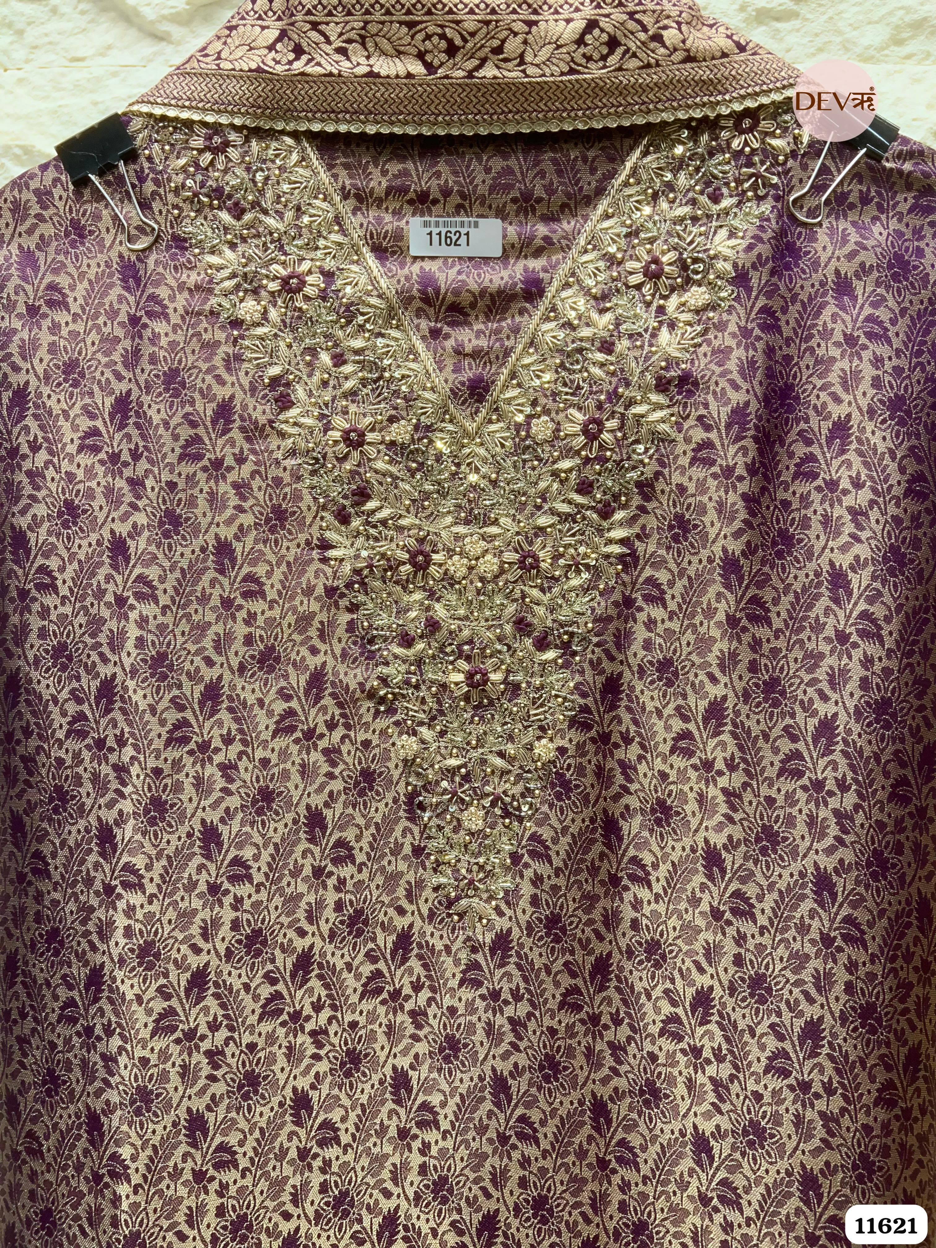 Purple Pure Tissue Banarasi Silk Unstitched Hand Embroidered -Set Of 3 {11621}