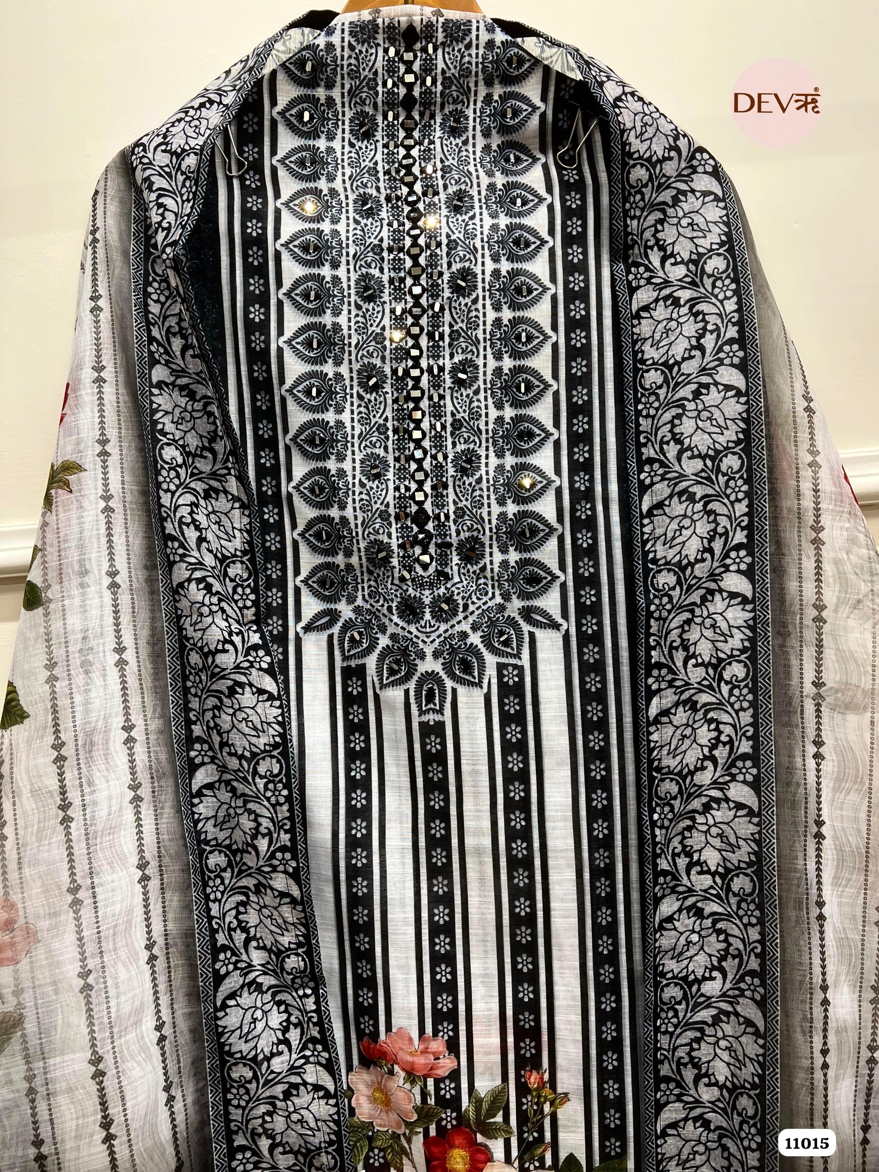 Black Linen Cotton Unstitched Printed Embroidered -Set Of 3 {11015}