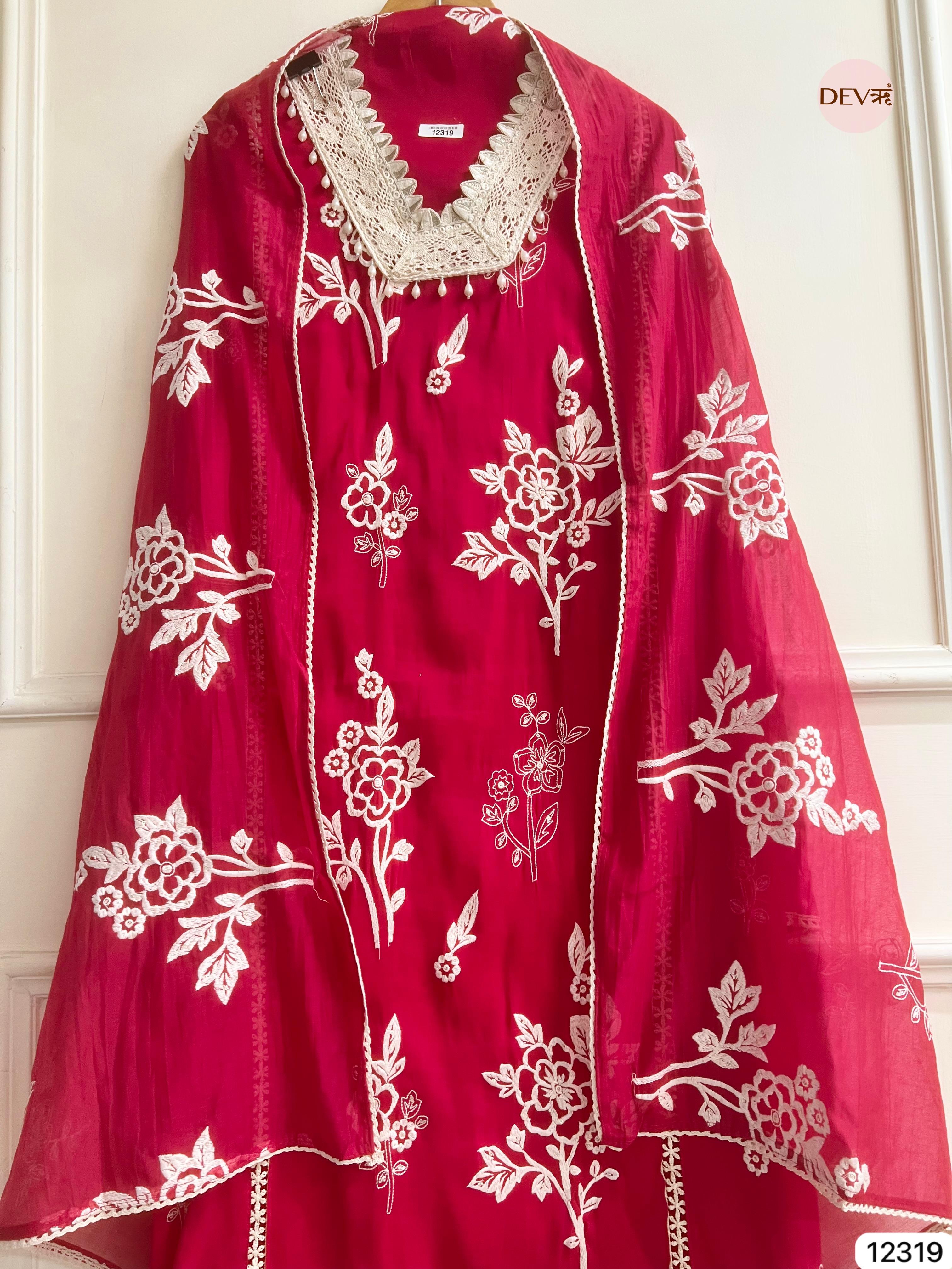 Deep Crimson Mul Chanderi Embroidered Unstitched 3-Piece Suit (Devri – D.No 12319)