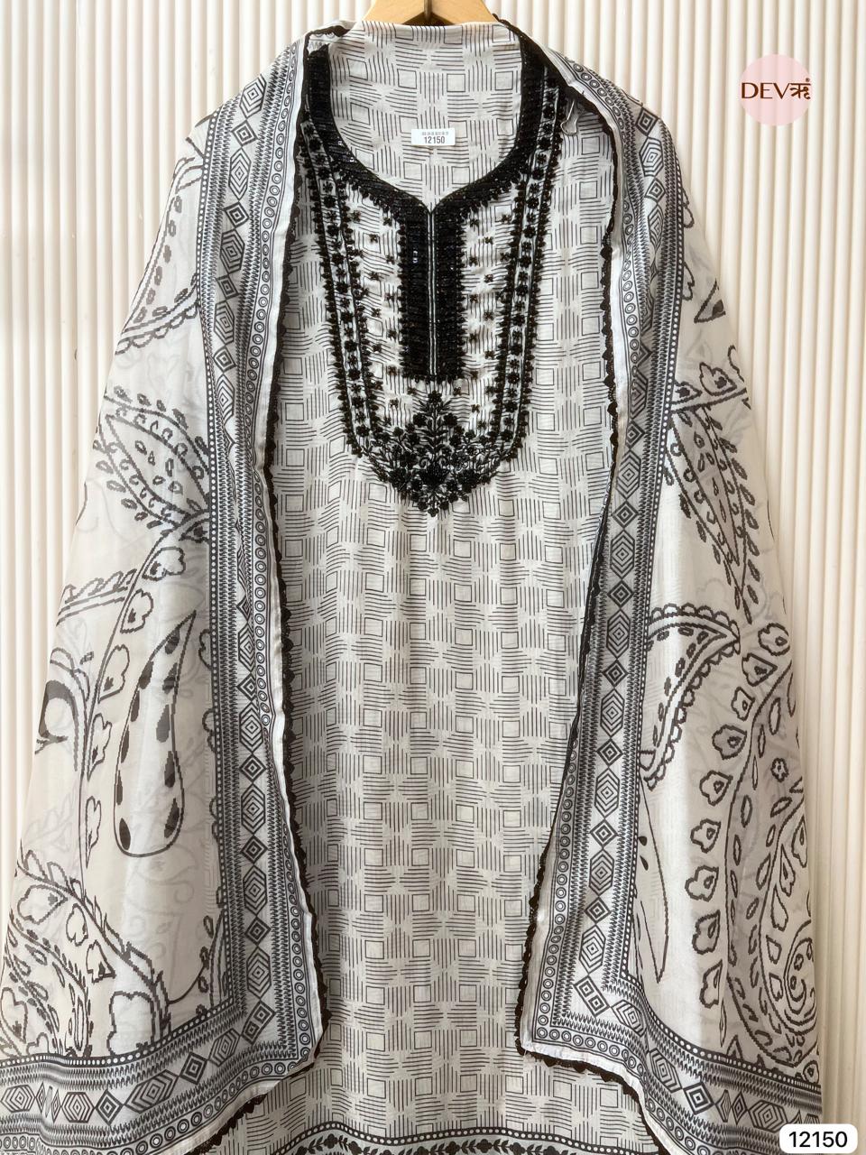 Black & White Pure Organza Unstitched Printed Hand Embroidered -Set Of 3 - {12150}