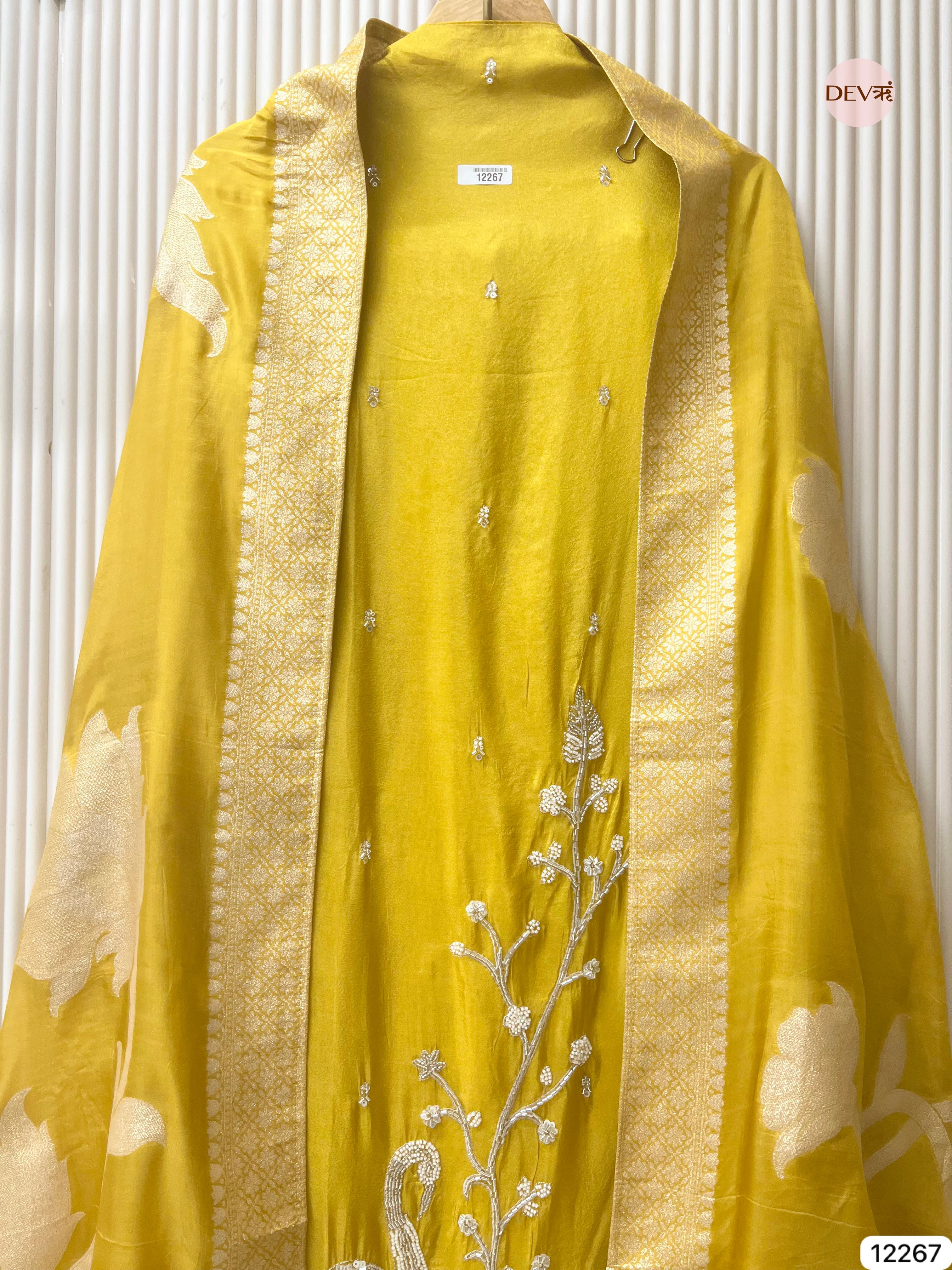 Mustard Shimmer Silk Embroidered Unstitched 3-Piece Suit (Devri – D.No 12267)