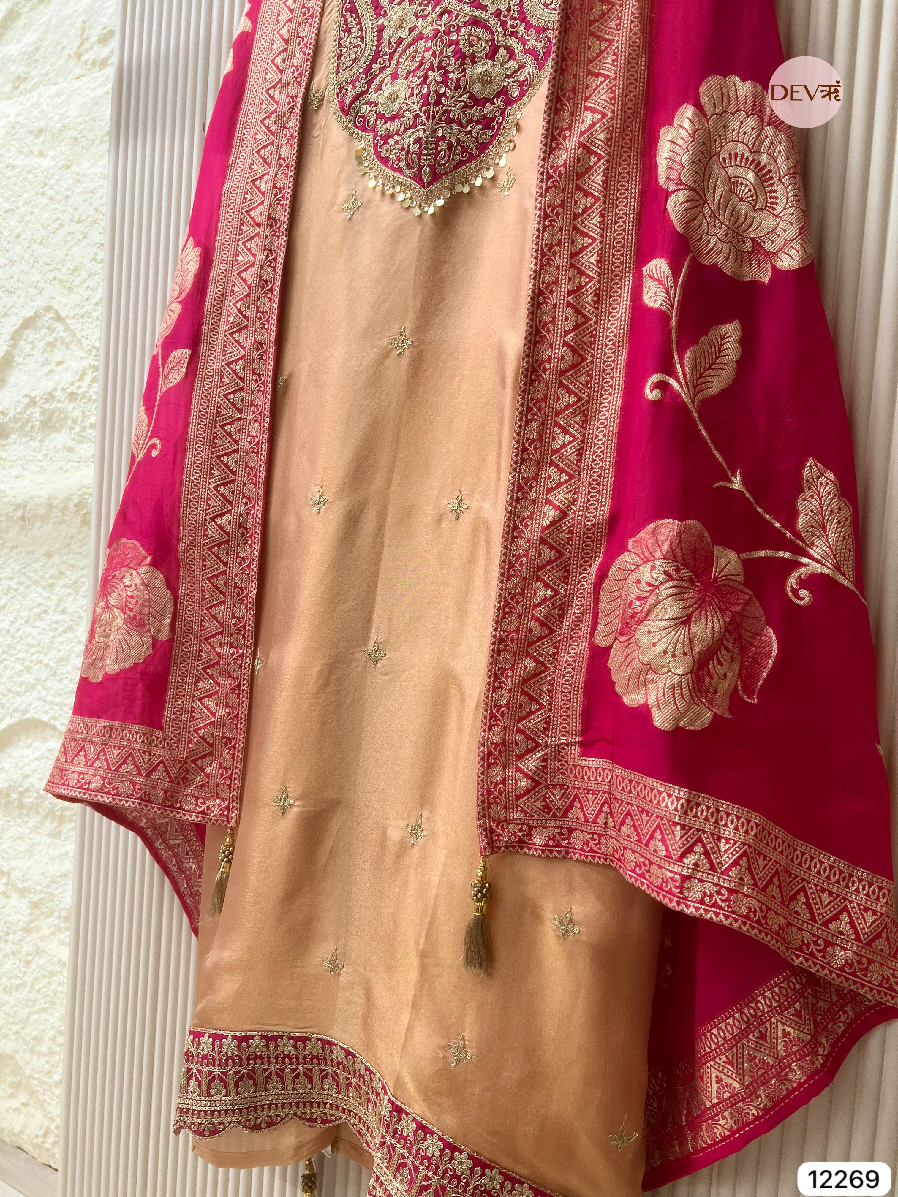 Peach–Rani Tissue Shimmer Silk Embroidered Unstitched 3-Piece Suit (Devri – D.No 12269)