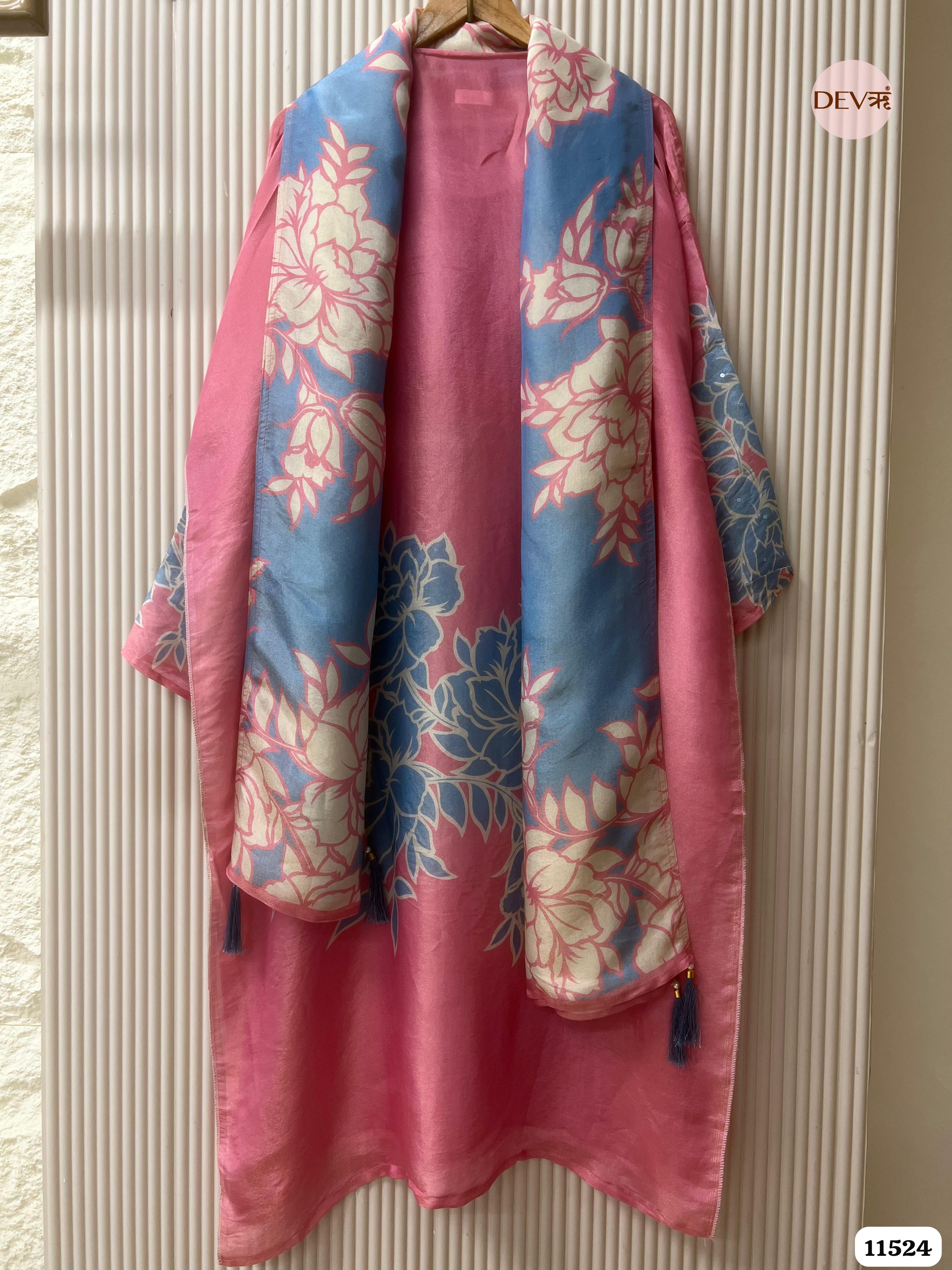 Pink Tissue Silk Semi stitched Printed Embroidered -Set Of 3 {11524}