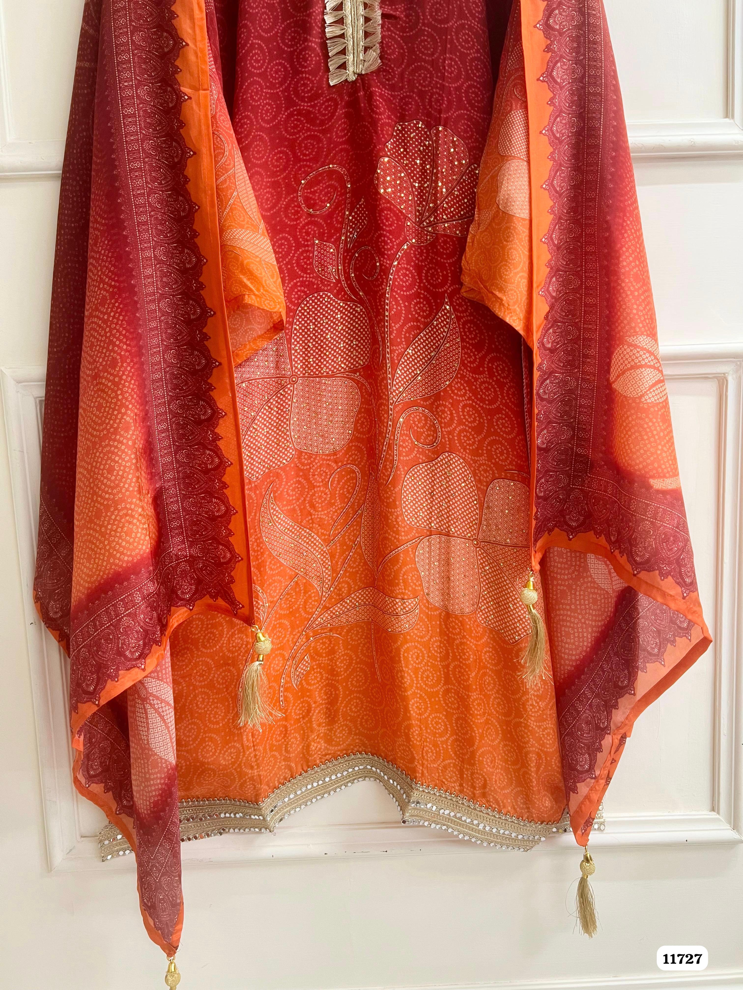 Red & Orange Silk Semi stitched Hand Embroidered -Set Of 3 {11727}