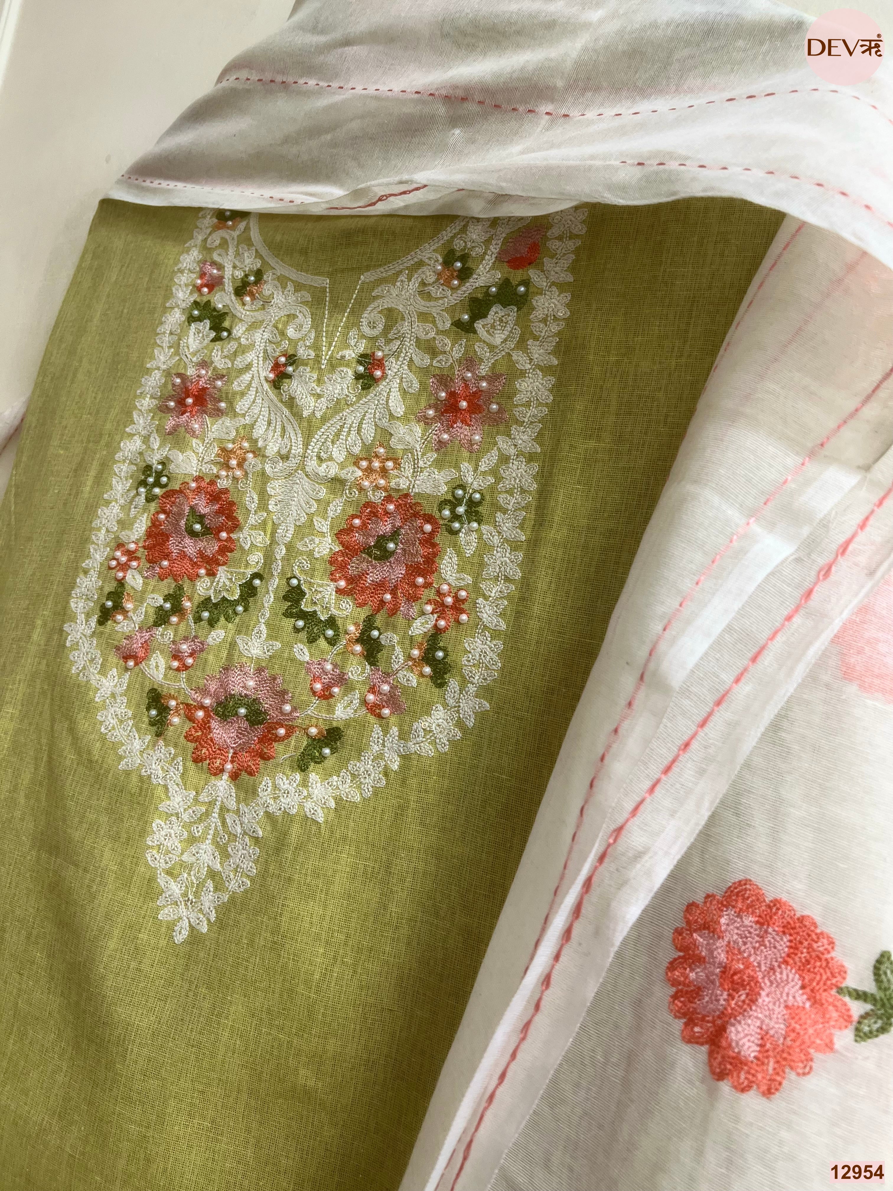 Olive Cotton Handloom Embroidered Unstitched 3-Piece Suit (Devri – D.No 12954)