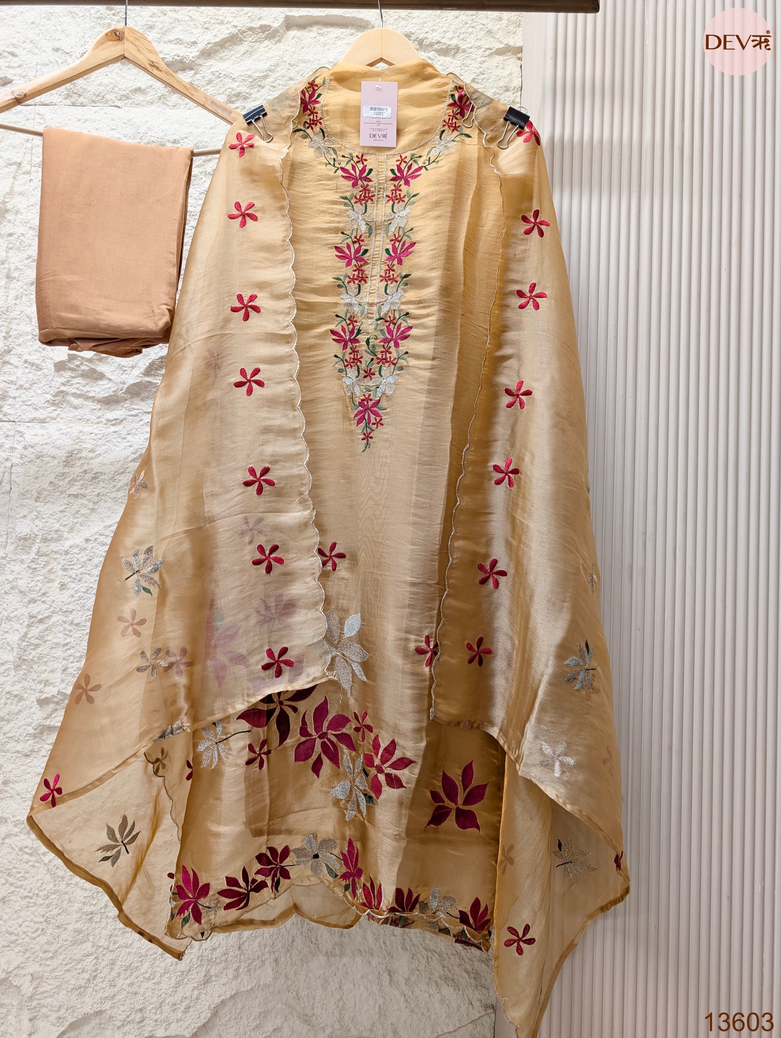Beige Crush Tissue Silk Embroidered Unstitched 3-Piece Suit (Devri – D.No 13603)