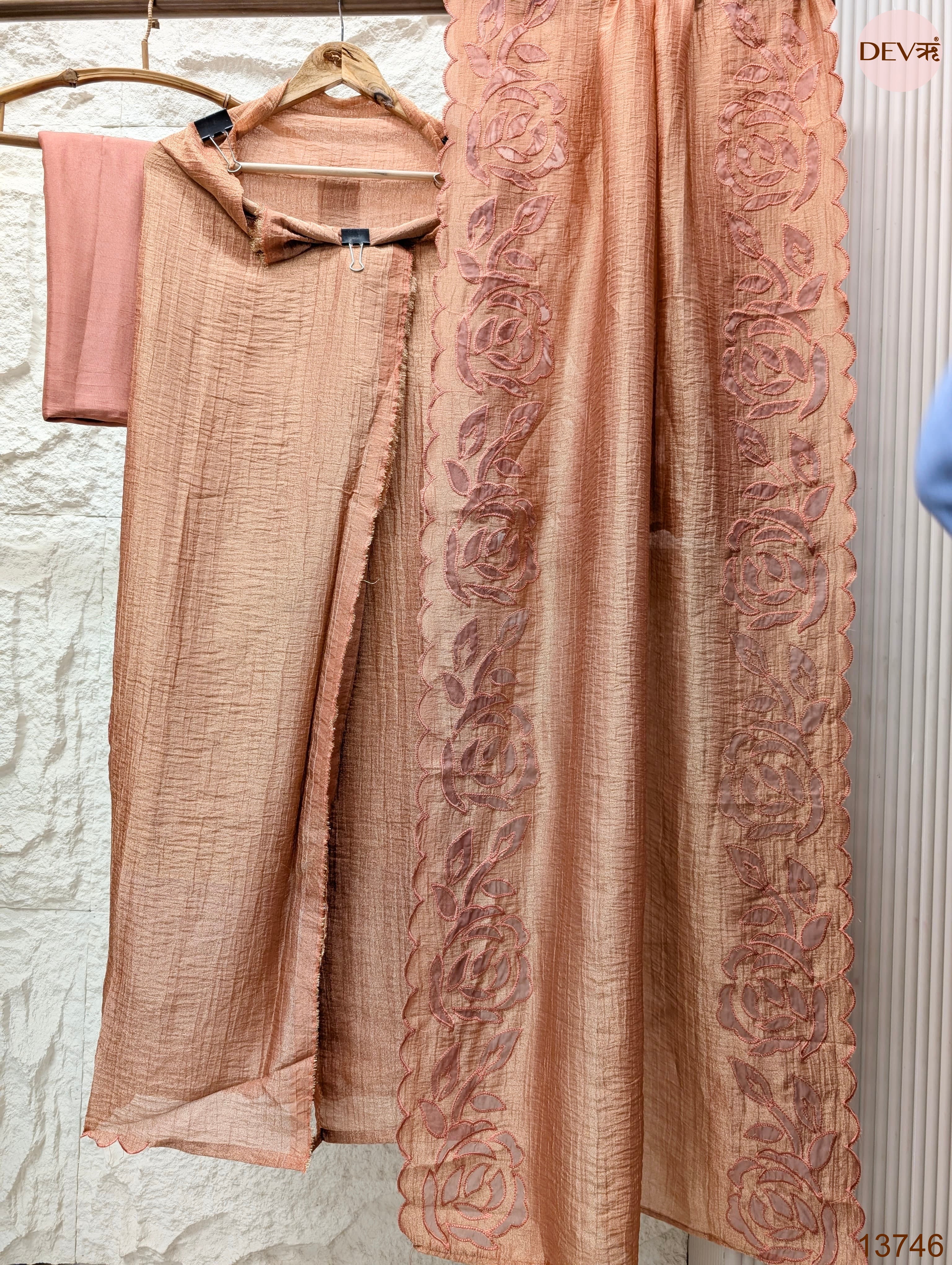 Peach Tissue Crush Silk Embroidered Unstitched 3-Piece Suit (Devri – D.No 13746)
