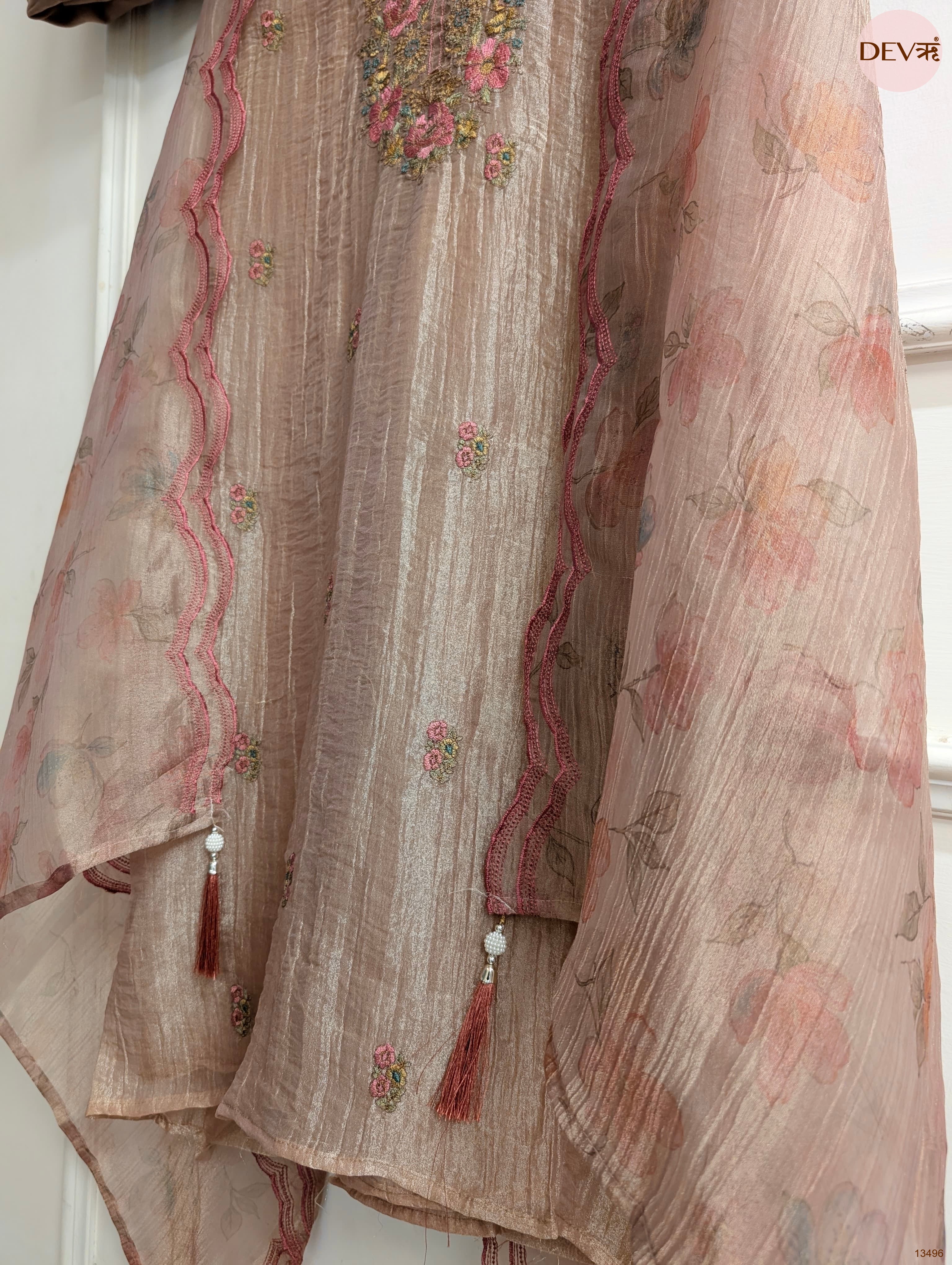 Beige Tissue Crush Silk Embroidered Unstitched 3-Piece Suit (Devri – D.No 13496)