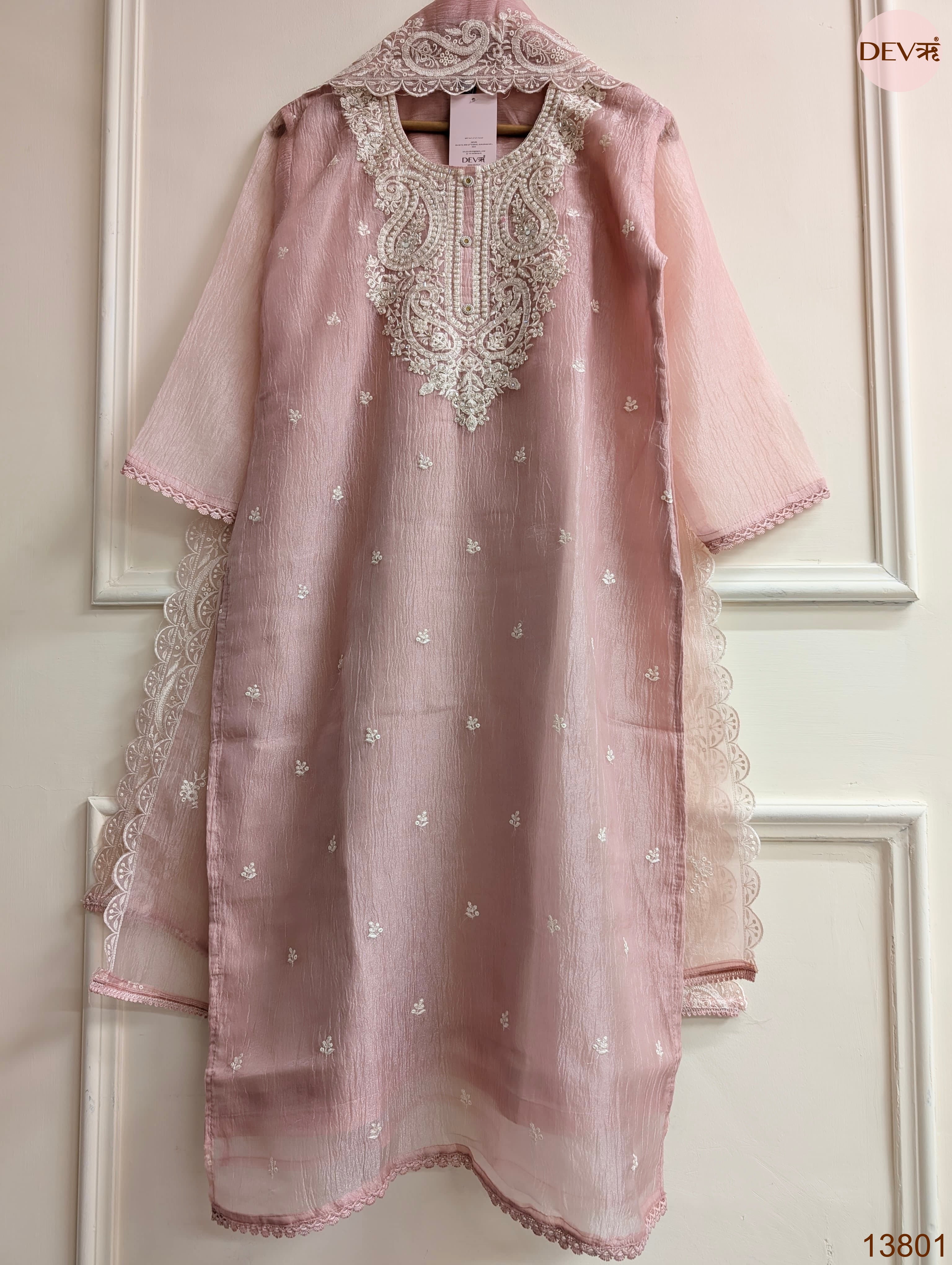 Gulnaar Crushed tissue silk Embroidered Blush Pink 3-Piece Set (Devri – D.No 13801)