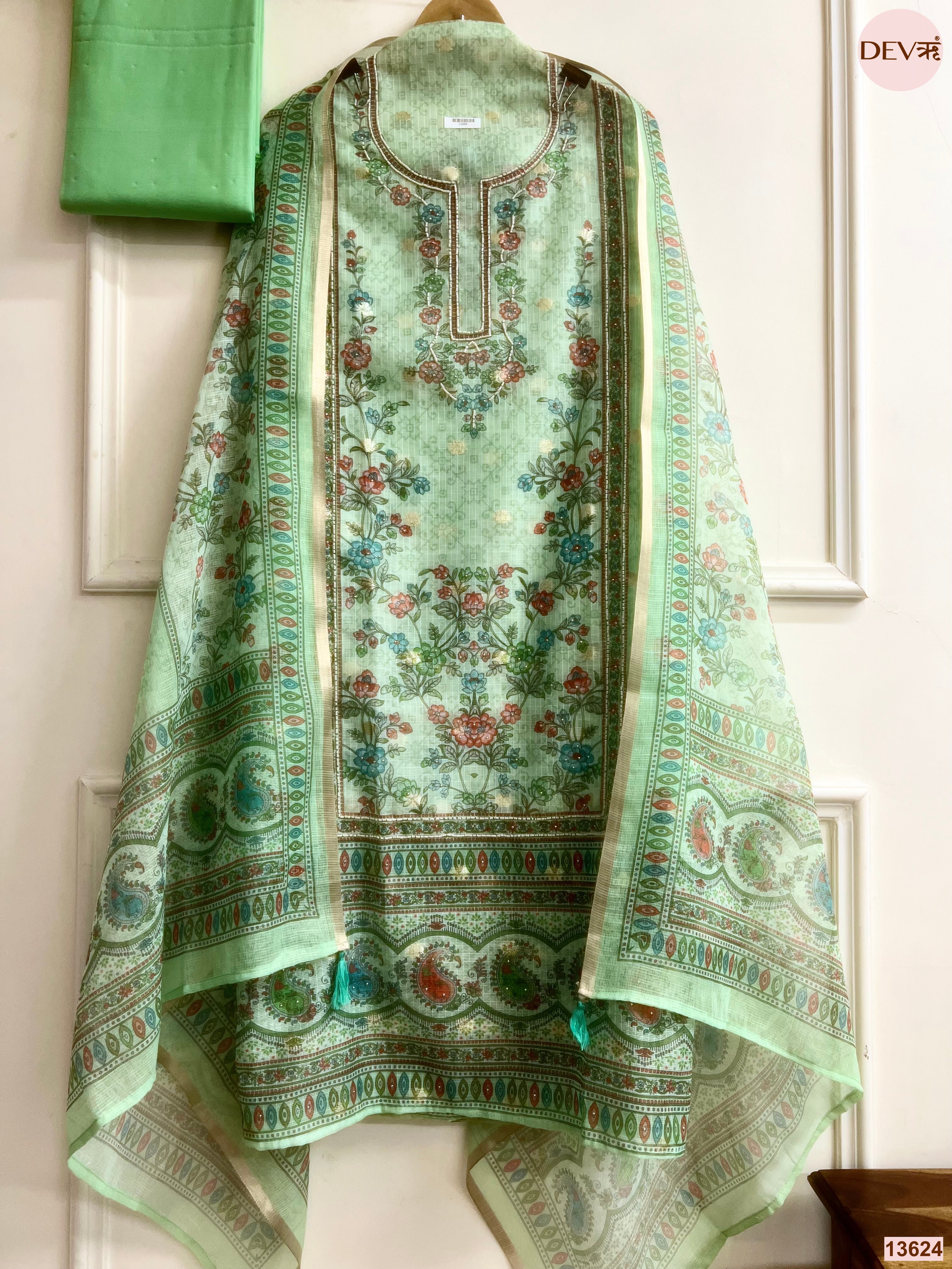 Mint Kota Zari Printed Unstitched 3-Piece Suit (Devri – D.No 13624)