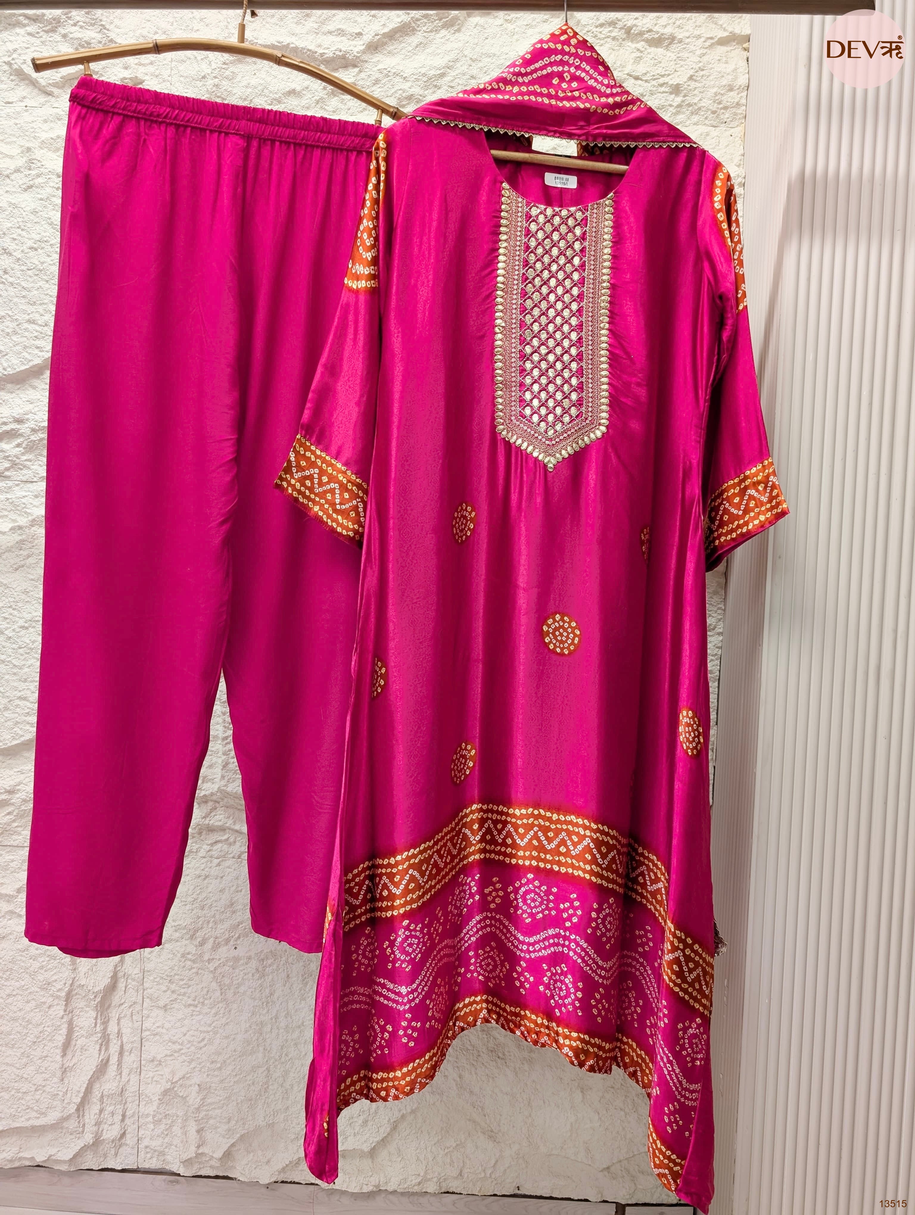 Gulnaar Gajji silk Embroidered Fuchsia 3-Piece Set (Devri – D.No 13515)
