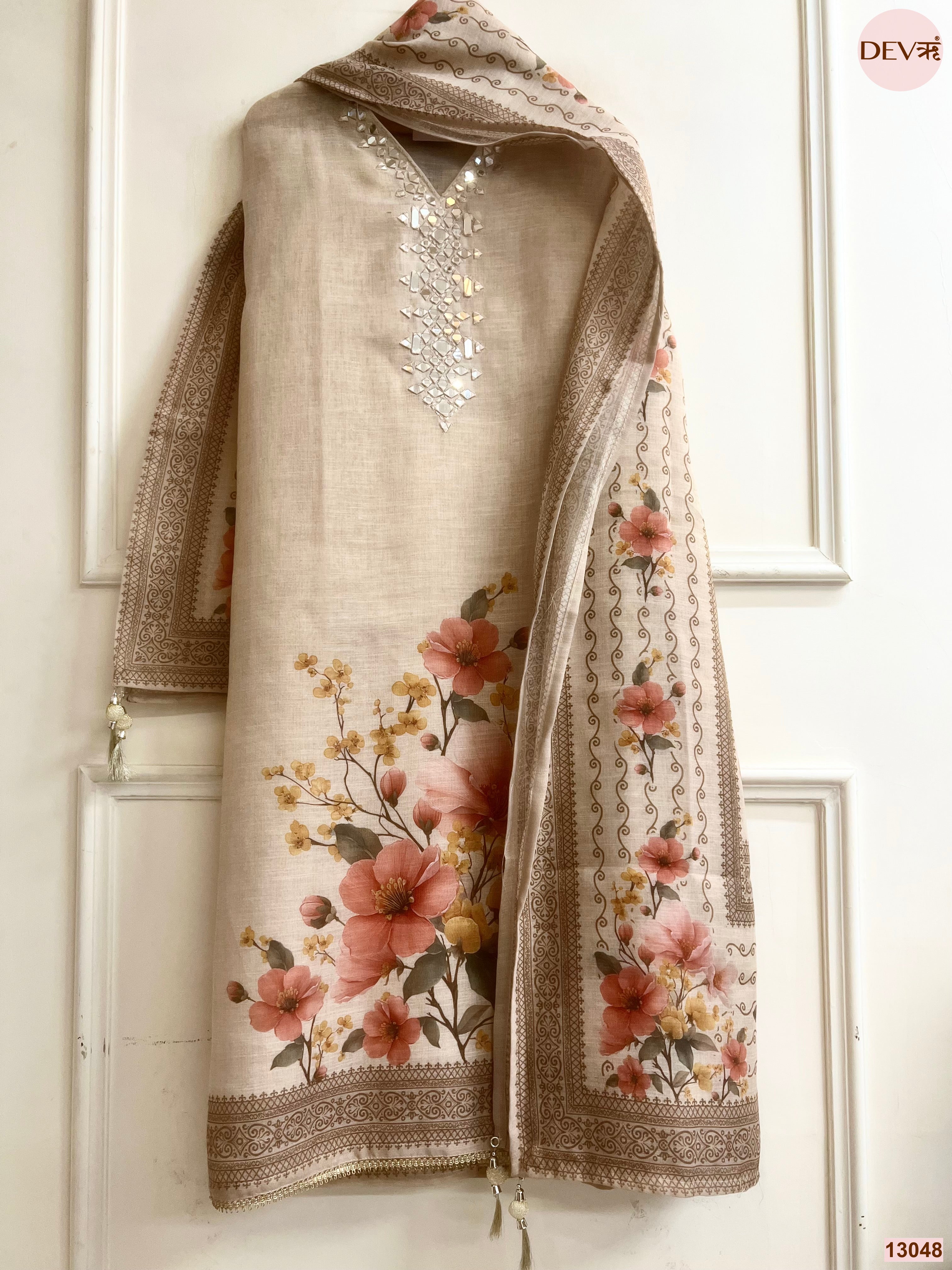 Beige Linen Printed Unstitched 3-Piece Suit (Devri – D.No 13048)