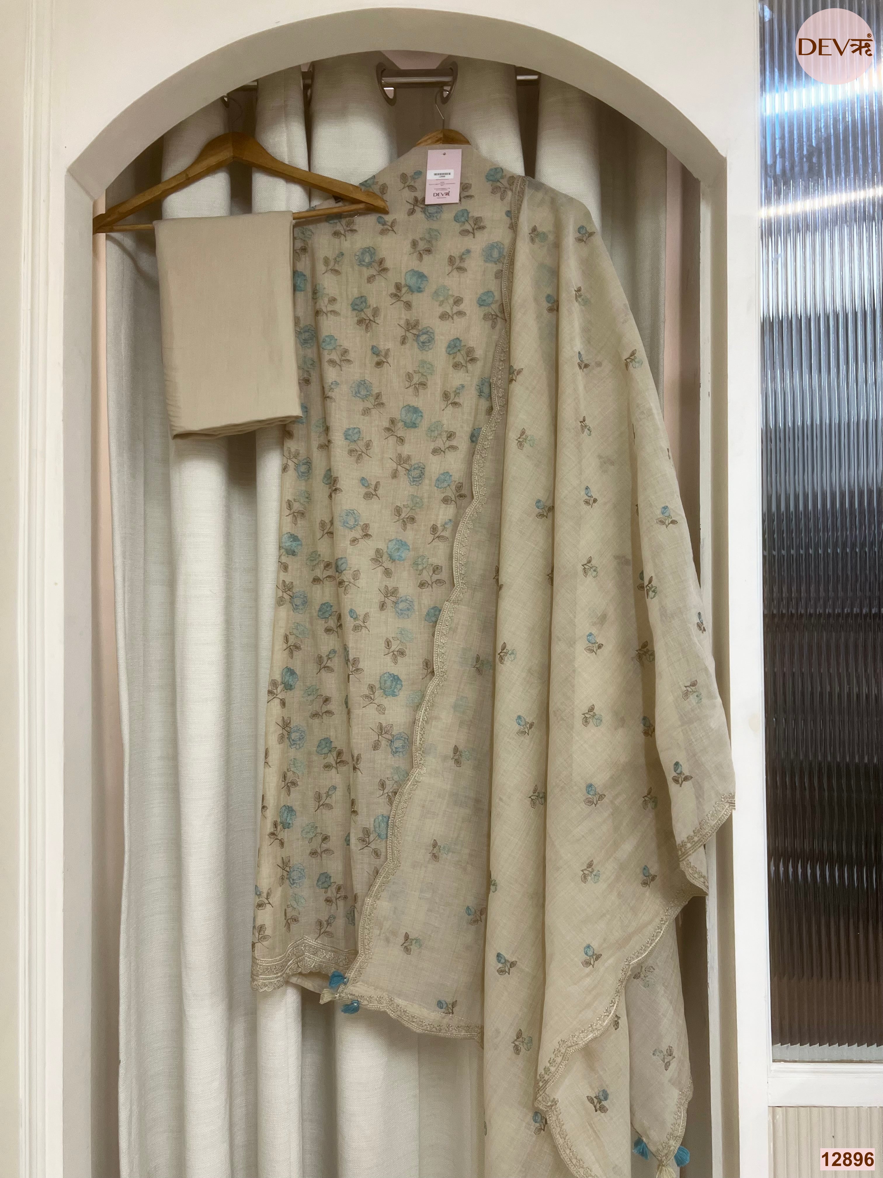 Beige Mul Chanderi Printed Unstitched 3-Piece Suit (Devri – D.No 12896)