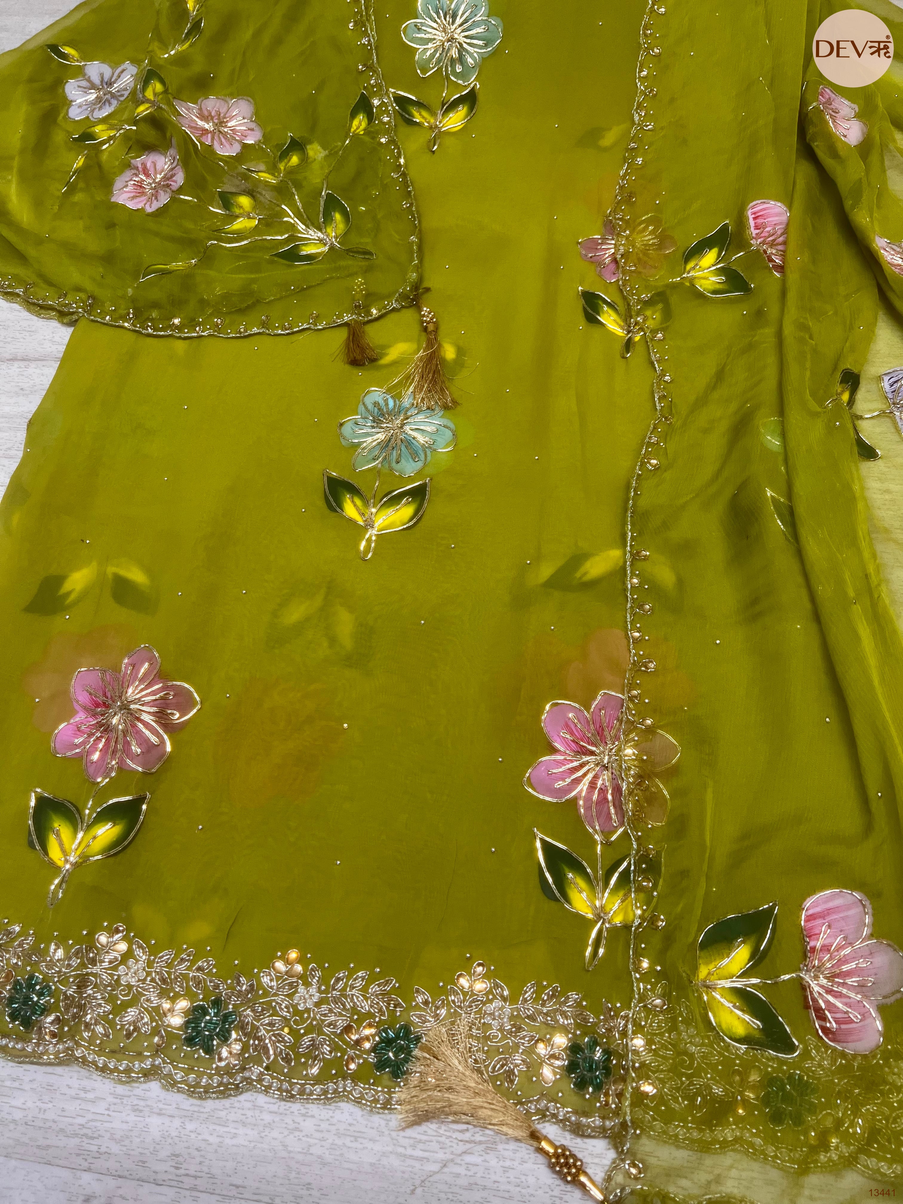 Olive viscose organza Embroidered Unstitched 3-Piece Suit (Devri – D.No 13441)