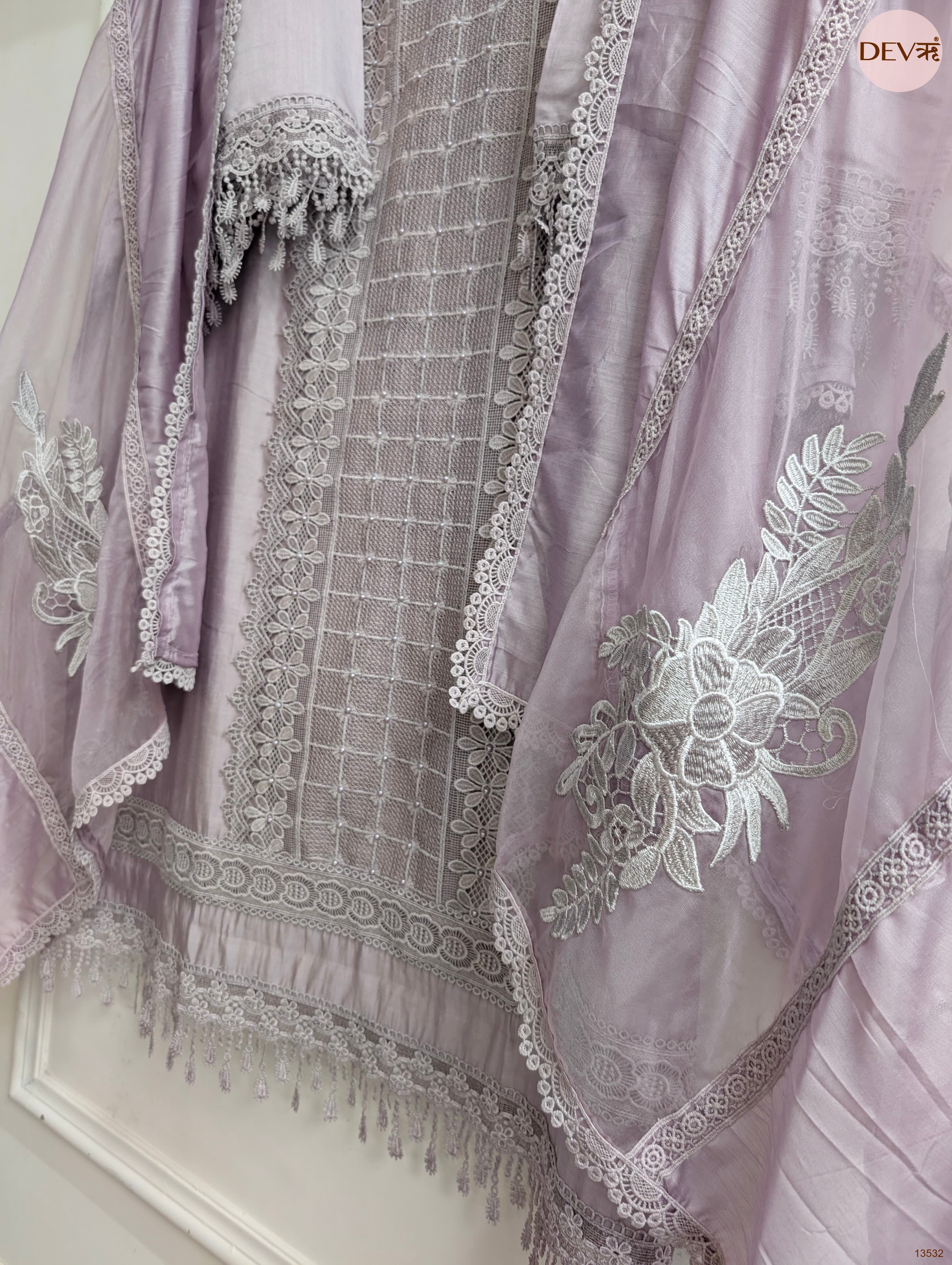 Lilac Modal Silk Embroidered Unstitched 3-Piece Suit (Devri – D.No 13532)