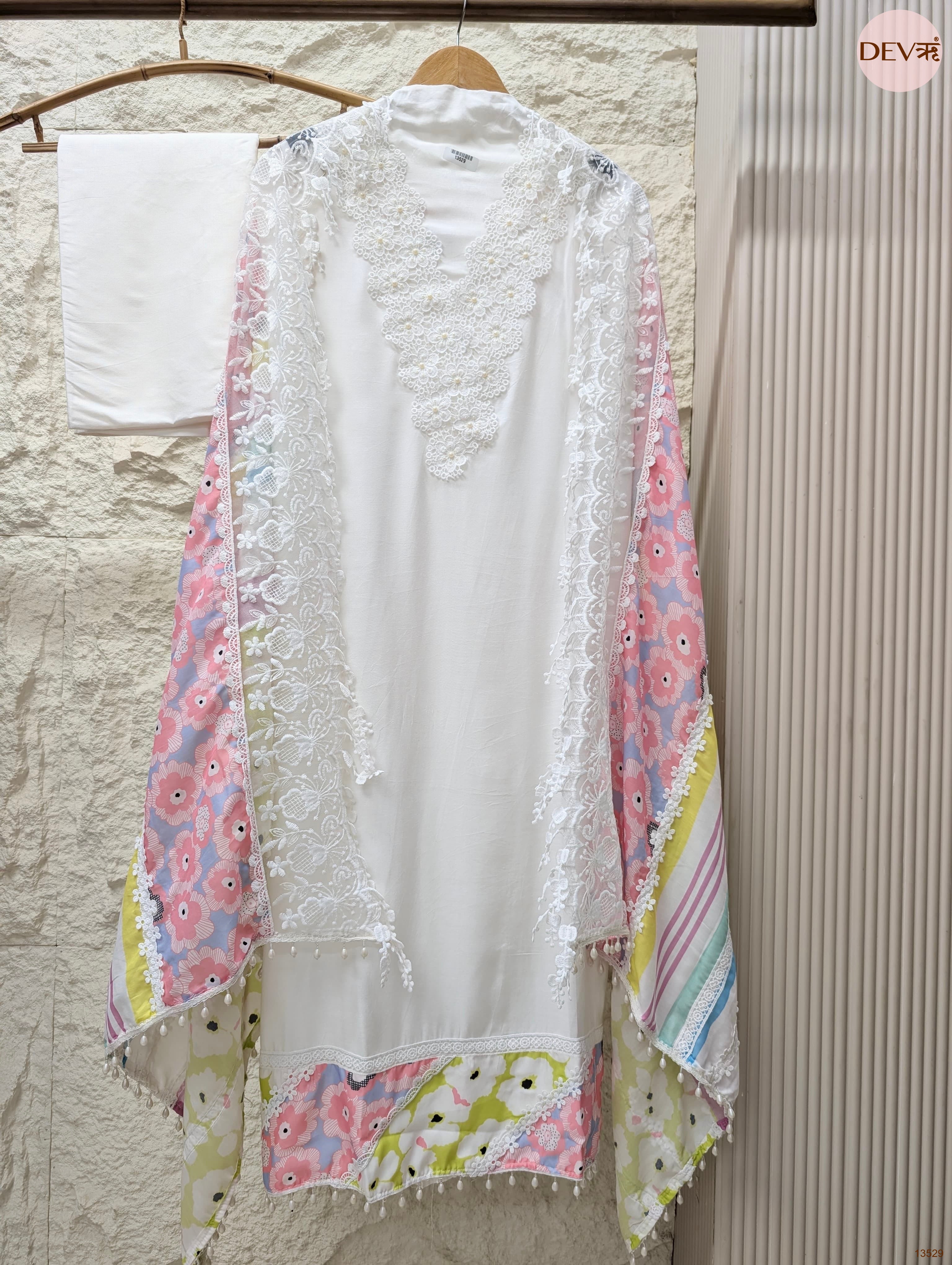 White Muslin Embroidered Unstitched 3-Piece Suit (Devri – D.No 13529)