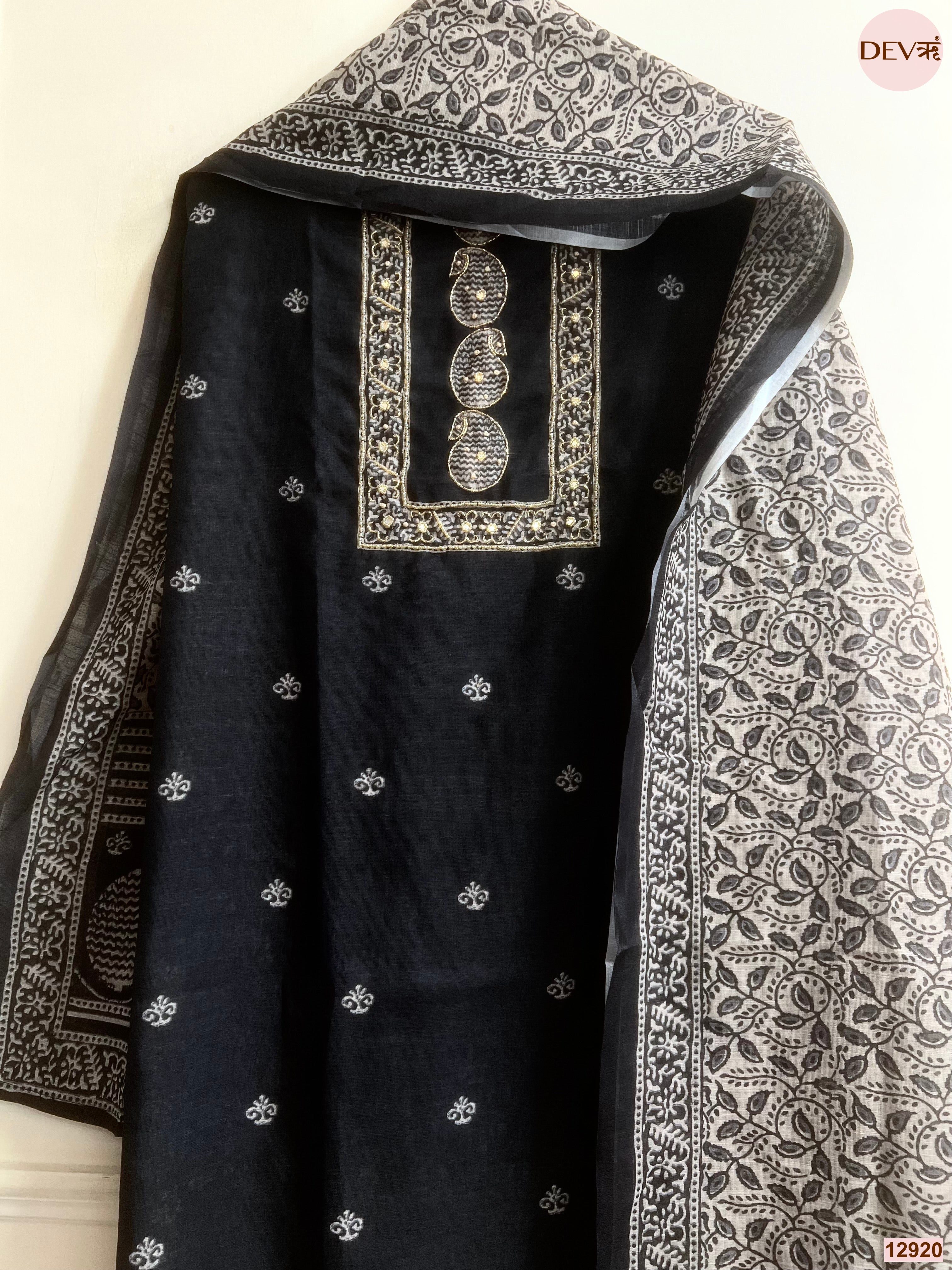 Black Linen Cotton Printed Unstitched 3-Piece Suit (Devri – D.No 12920)
