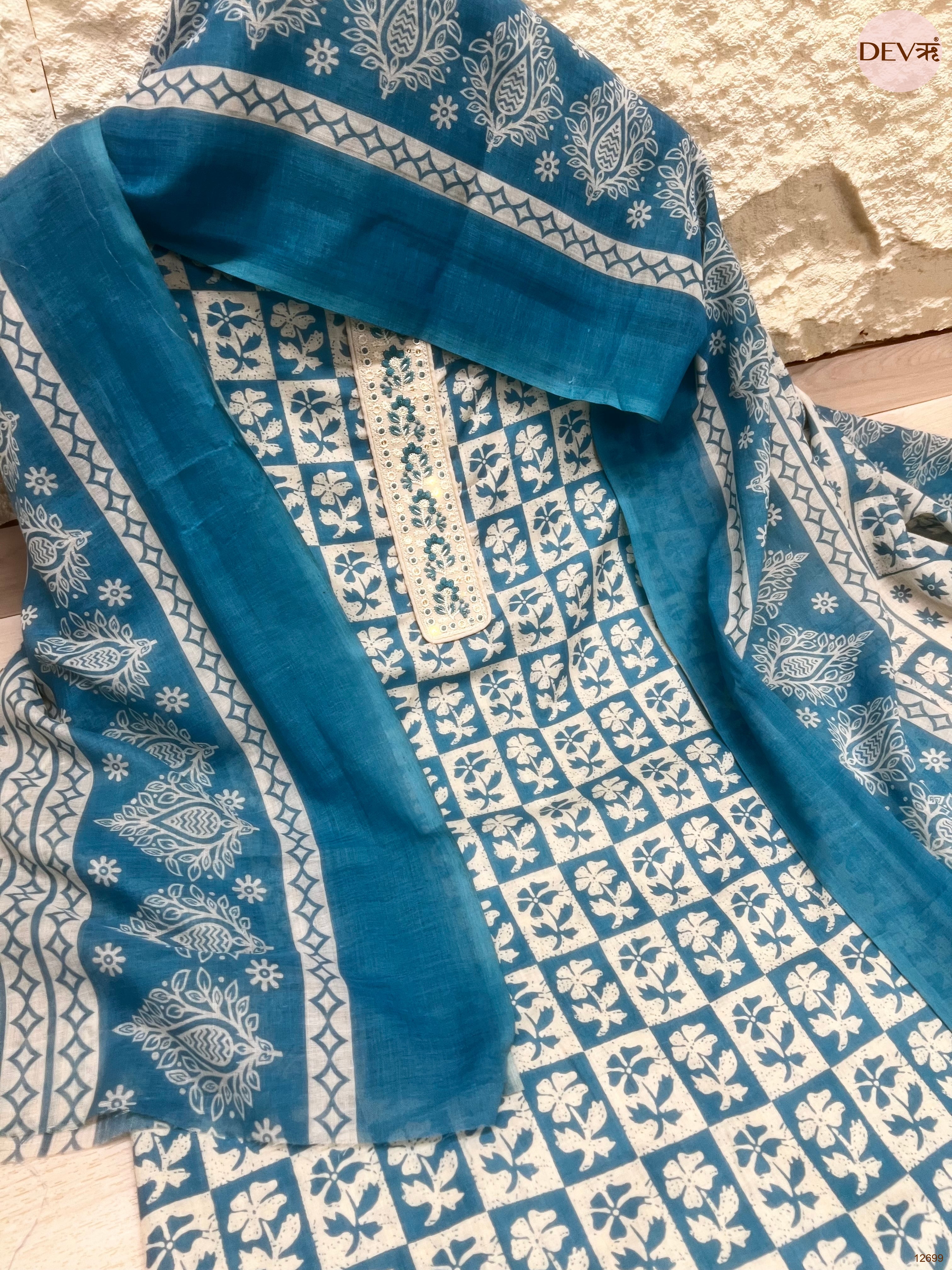 Blue Cotton Printed Unstitched 3-Piece Suit (Devri – D.No 12699)