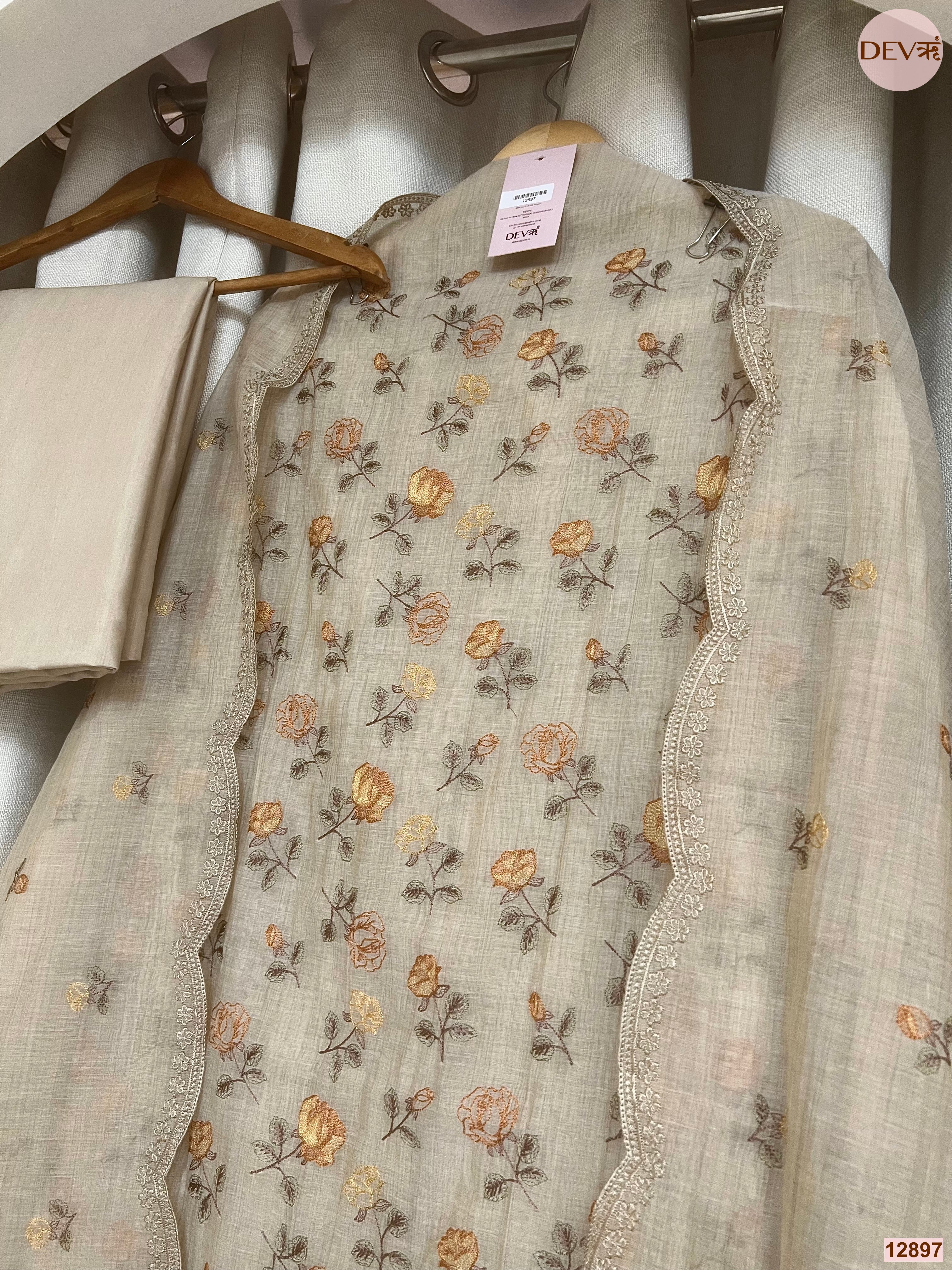 Cream Mul Chanderi Printed Unstitched 3-Piece Suit (Devri – D.No 12897)
