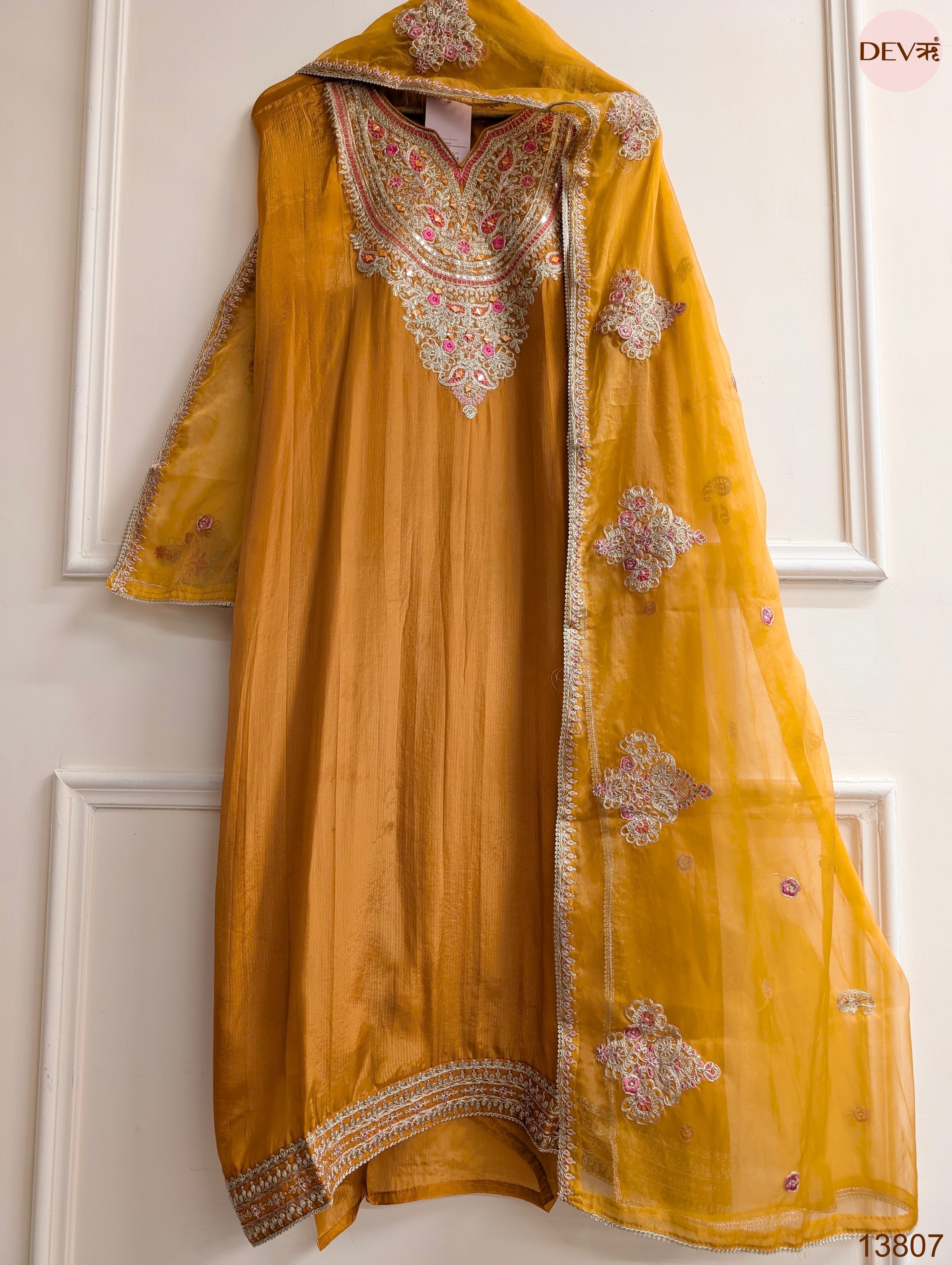 Mustard Tissue Organza Silk Embroidered Unstitched 3-Piece Suit (Devri – D.No 13807)